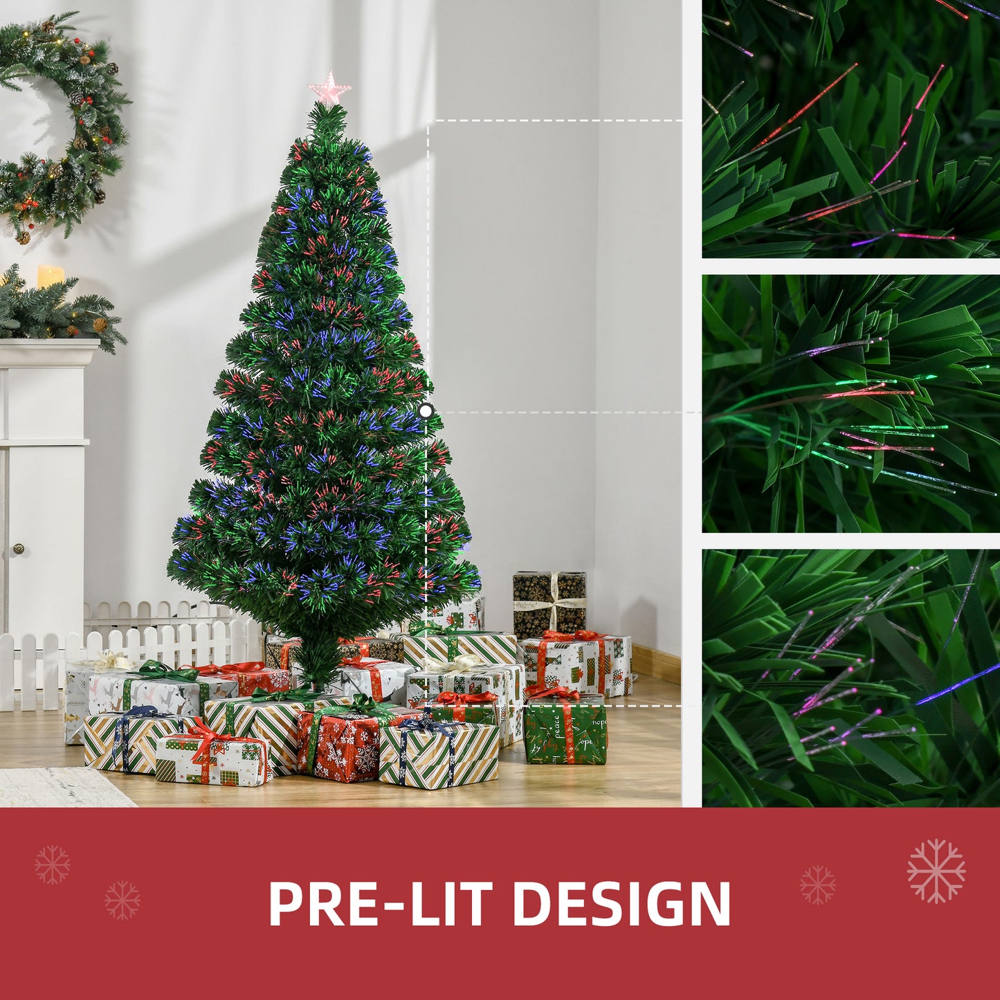 HOMCOM 5FT Pre-Lit Fibre Optic Artificial Christmas Tree Holiday Xmas DÃ©cor with Tree Topper Multi-Colour