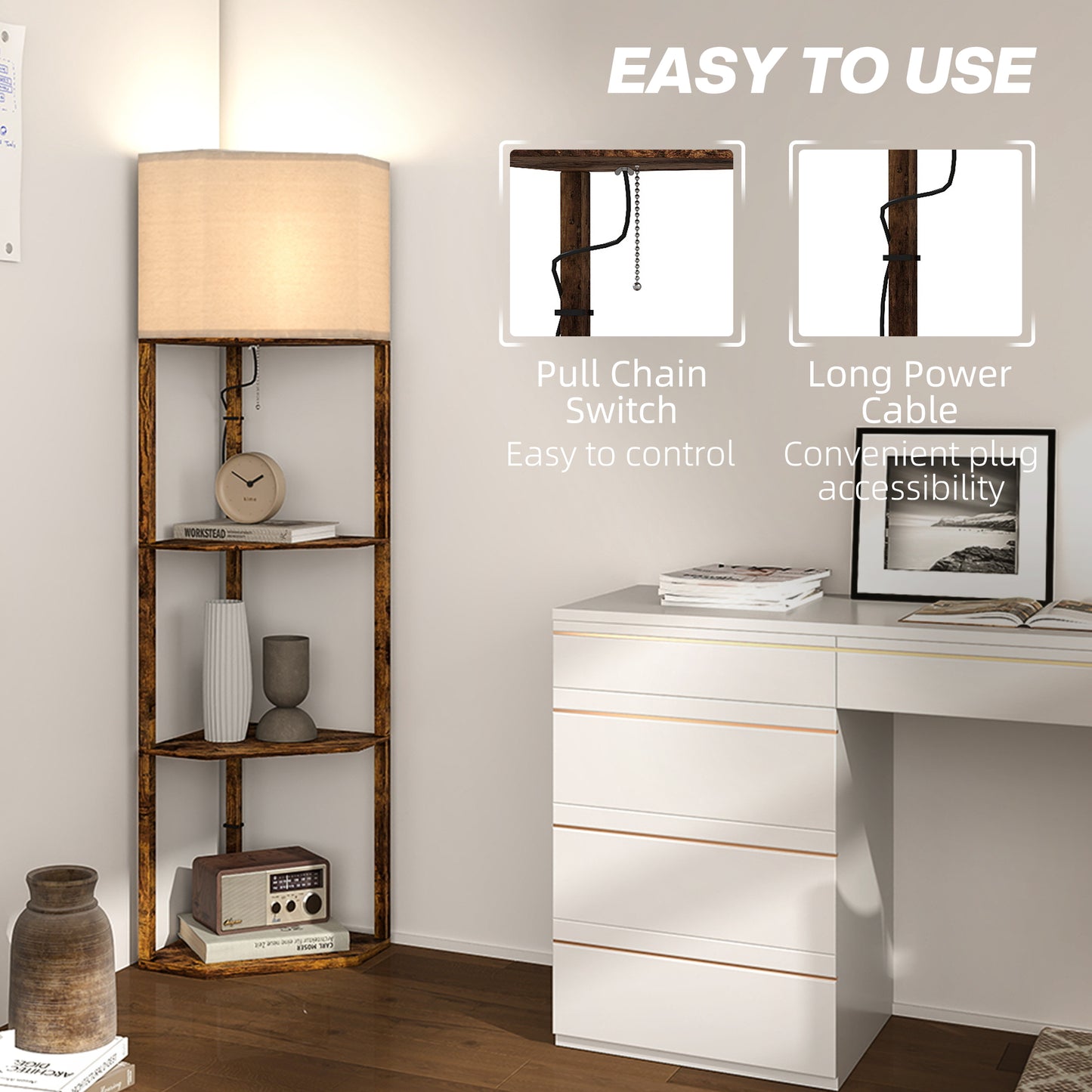 HOMCOM Corner Floor Light, with Shelves - Wood-Effect