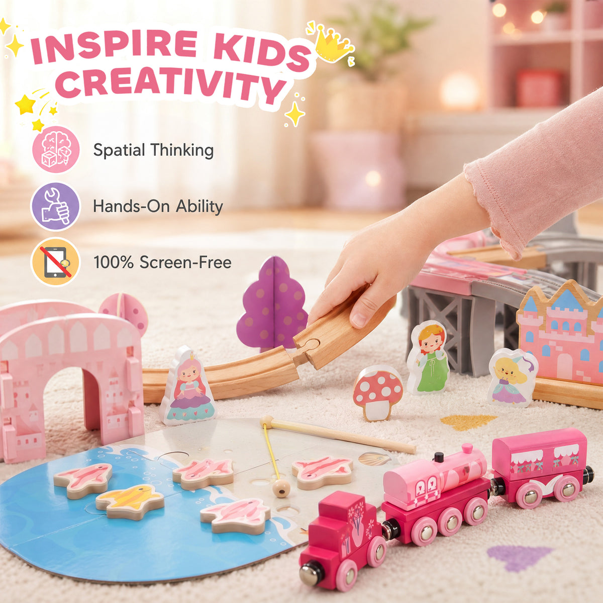 AIYAPLAY Wooden Train Set, 58PCS Train Track Set with 17 Track Pieces, 5 Princess Figures and Accessories