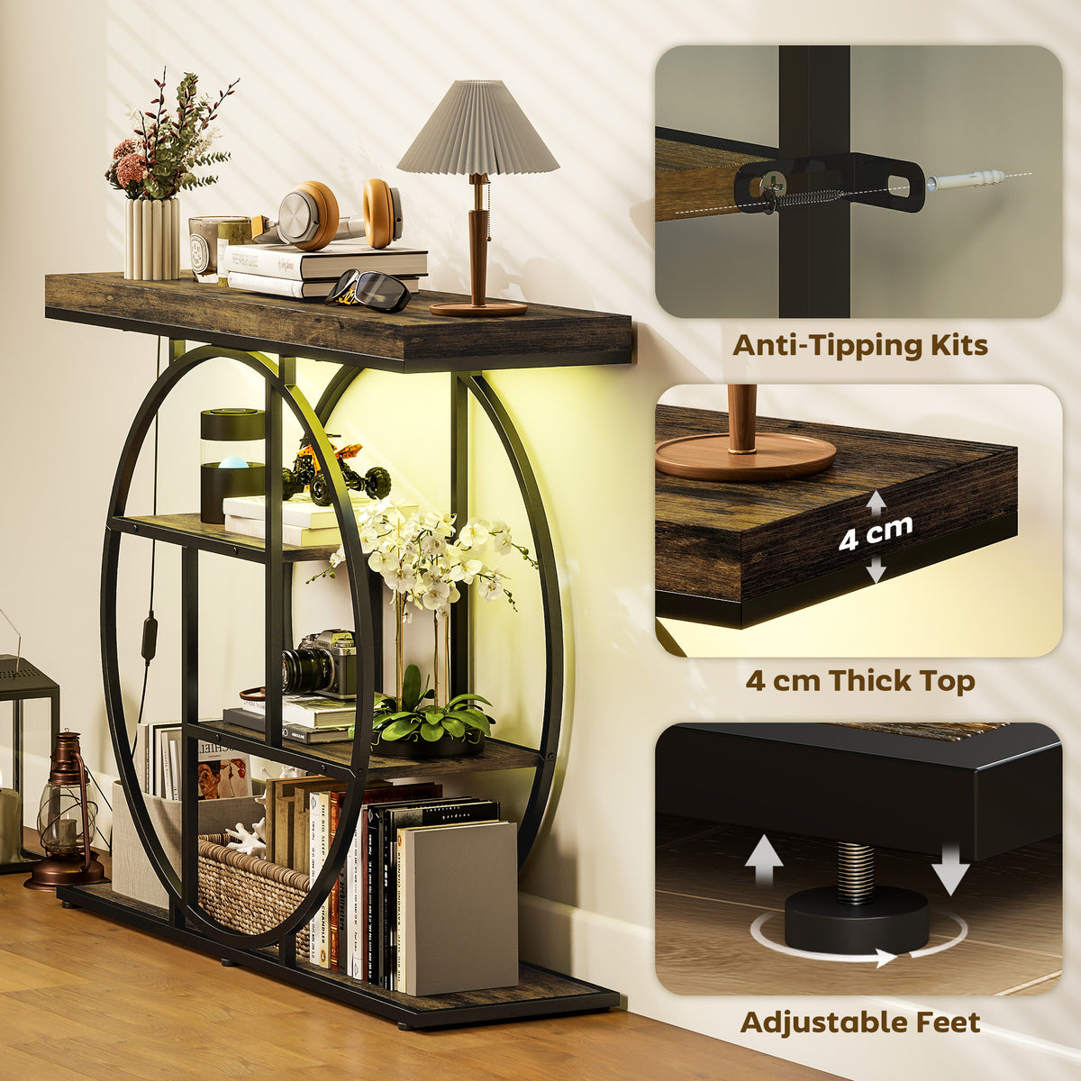 HOMCOM Industrial Console Table with LED Lights, Narrow Hallway Table with Storage Shelves, 100cm, Rustic Brown