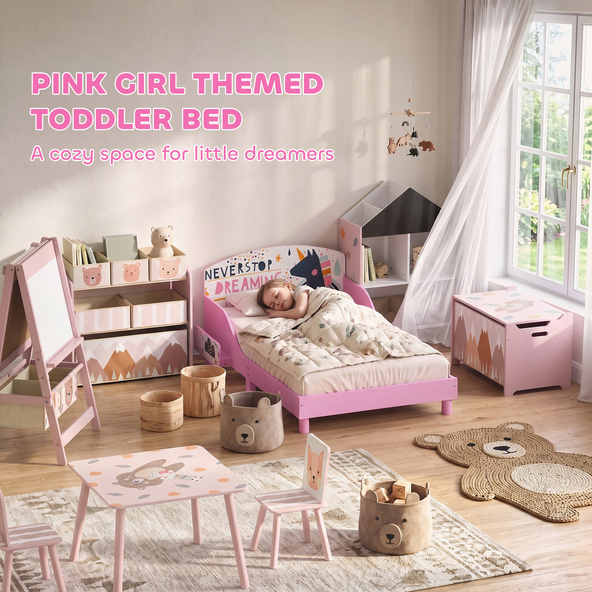 AIYAPLAY Toddler Bed with Bedside Storage and Guard Rails for 3-8, Fits 140 x 70 x 10cm Mattress, Pink Girl Print