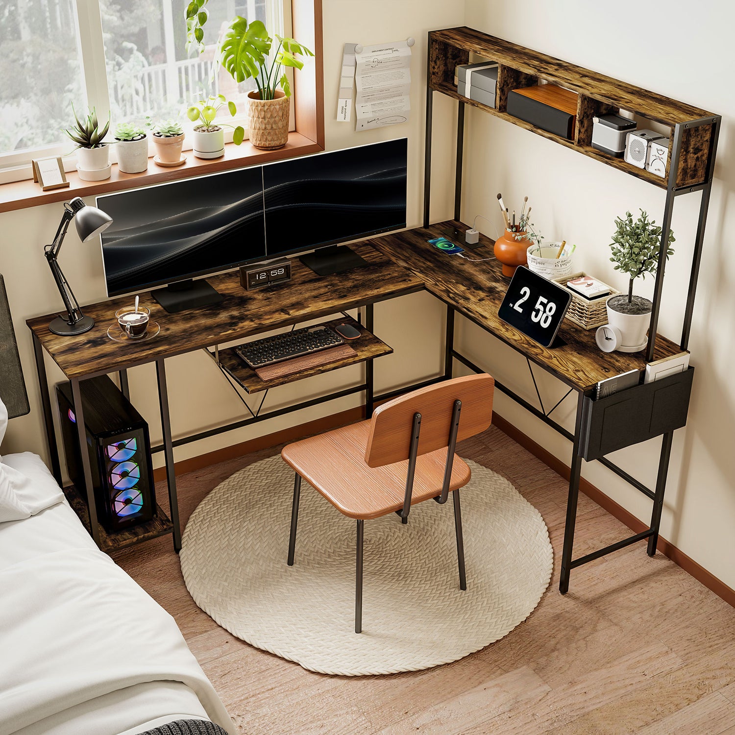 HOMCOM 160cm Reversible L Shaped Desk with Power Outlet, Industrial Corner Desk with Storage Shelves and Keyboard Tray, 240cm Long Computer Desk for 2 Person, Rustic Brown - LiamsBargains.co.uk