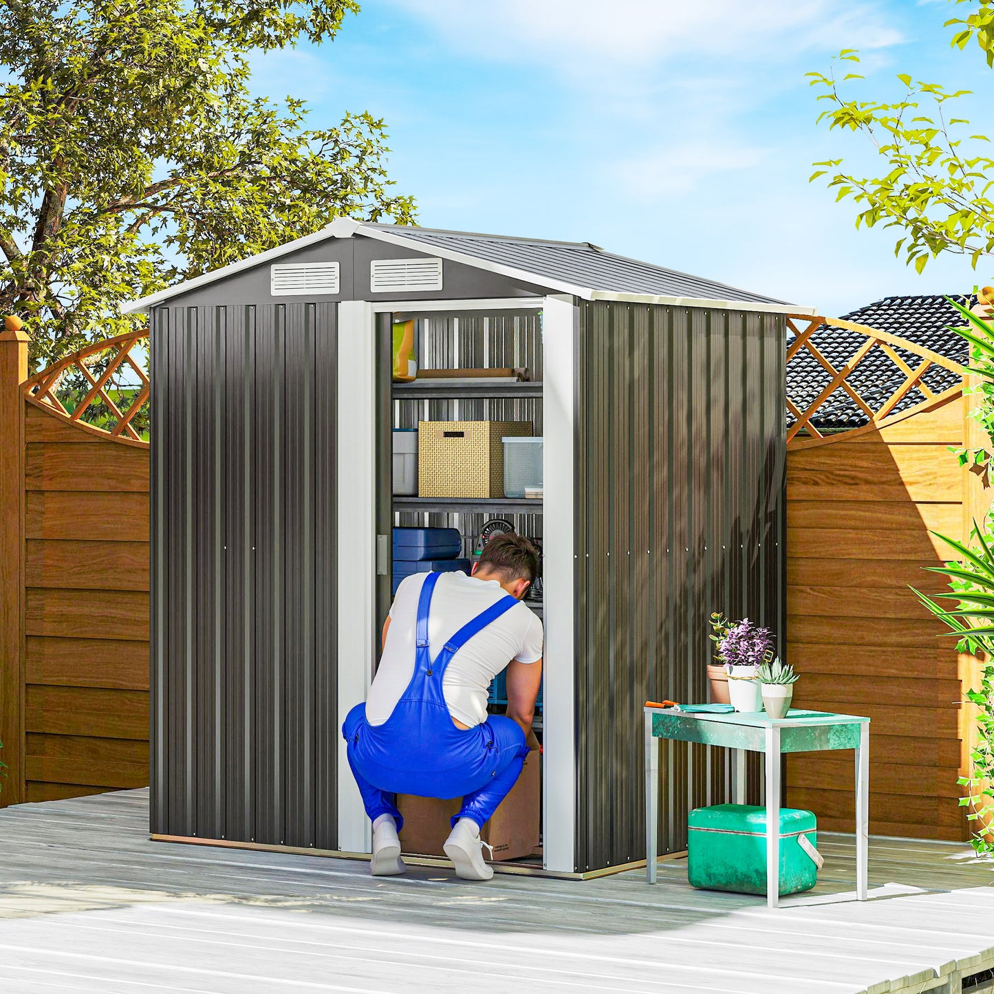Outsunny Garden Metal Tool Storage Shed with Sliding Door, Sloped Roof and Foundation Kit, 152 x 132 x 188cm, Grey