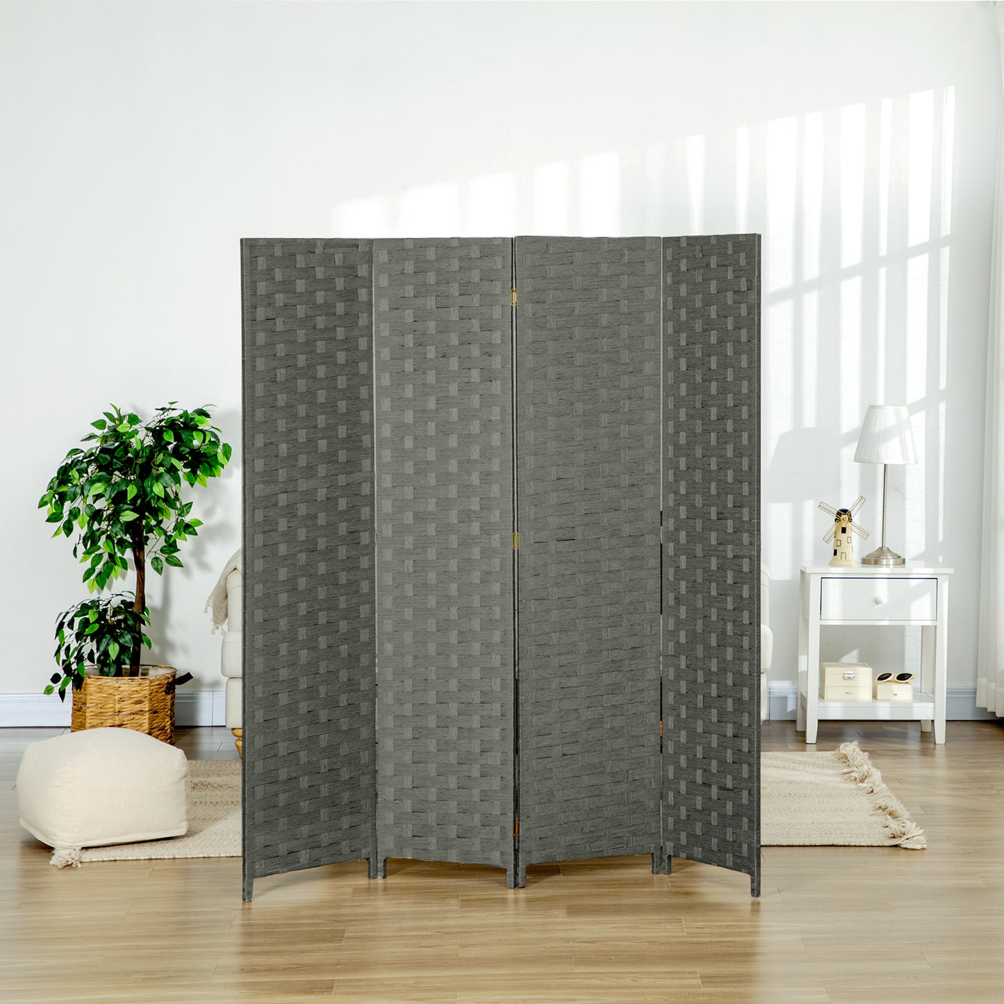 HOMCOM 4-Panel Room Dividers, Wave Fibre Freestanding Folding Privacy Screen Panels, Partition Wall Divider for Indoor Bedroom Office, 170Â cm, Grey