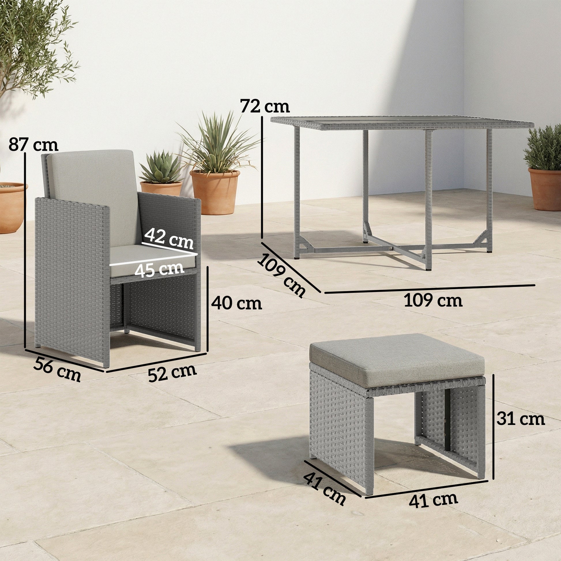 Outsunny 9 Piece Rattan Cube Garden Furniture Dining Set with Armchairs, Footstools and Glass-Top Table, Light Grey