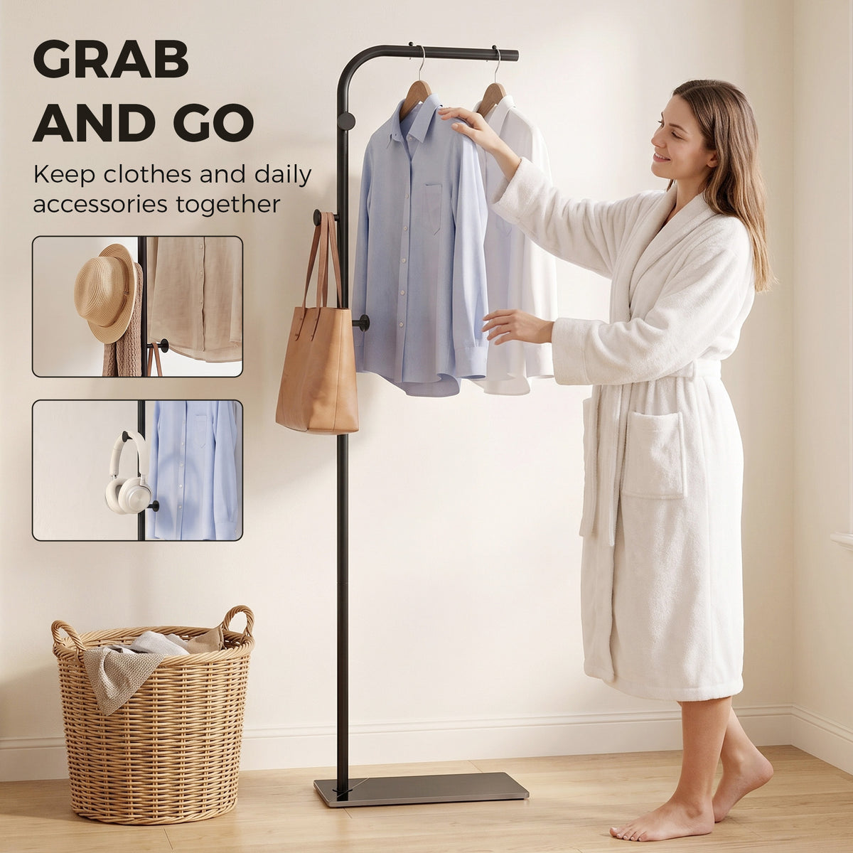 HOMCOM Clothing Rack with 3 Side Hooks, Garment Rack with Marble Base, 45 x 25 x 169 cm, for Bedroom, Bathroom, Black