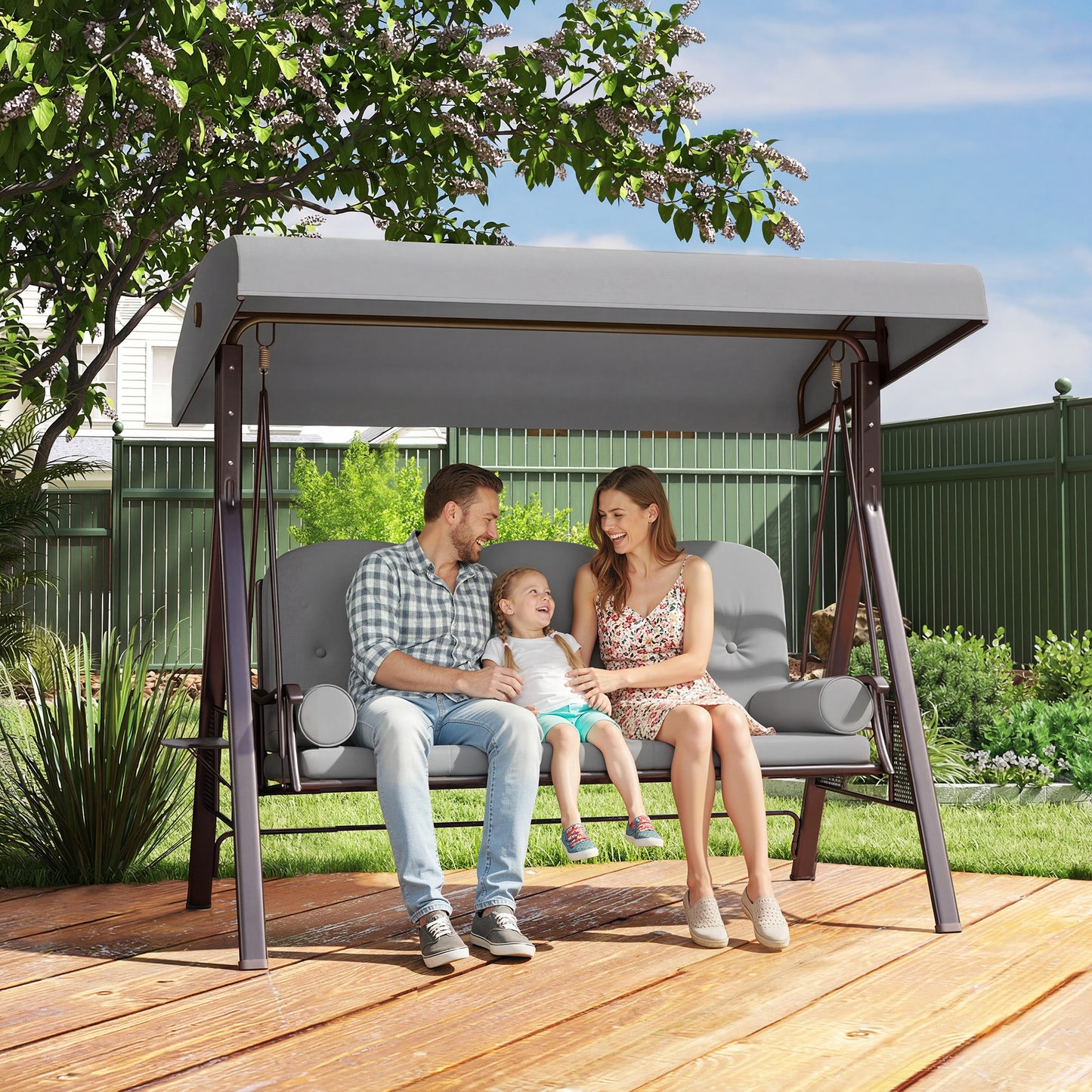 Outsunny 3 Seater Canopy Swing Chair, Outdoor Garden Swing Seat with Adjustable Canopy, Cushions and Cup Trays, Steel Frame, Light Grey
