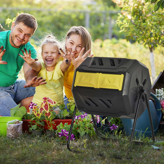 Outsunny 160L 360° Rotating Dual Chamber Composter - Yellow