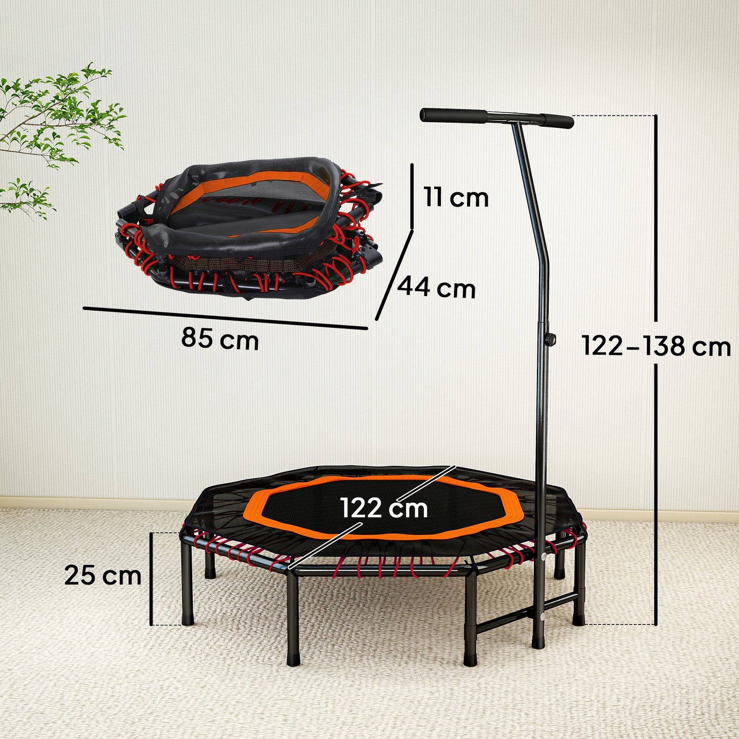 HOMCOM Fitness Trampoline, Bouncer with Adjustable Handle, Max Load 150 kg