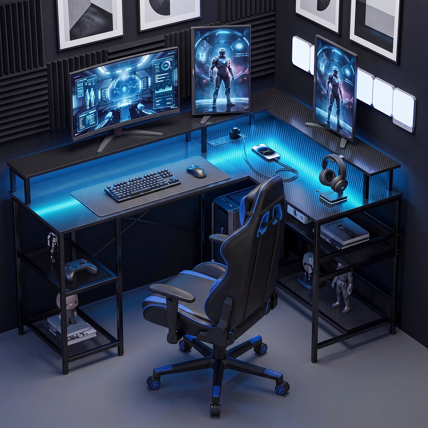 HOMCOM L Shaped Gaming Desk with LED Lights and Power Outlets, 150cm Corner Computer Desk for Small Space, Black