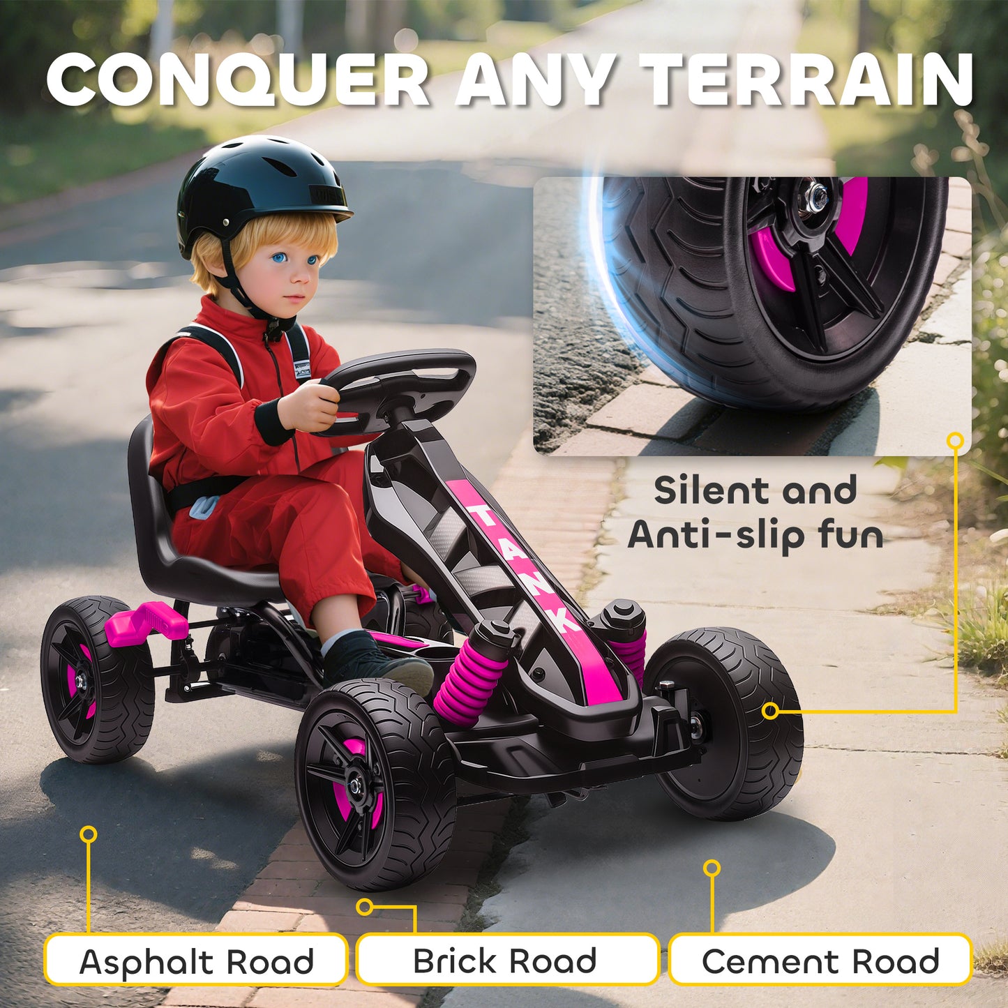 AIYAPLAY Pedal Go Kart for Kids Aged 3-6 Years, with Freewheel System, Brake, EVA Anti-Slip Wheels, Pink