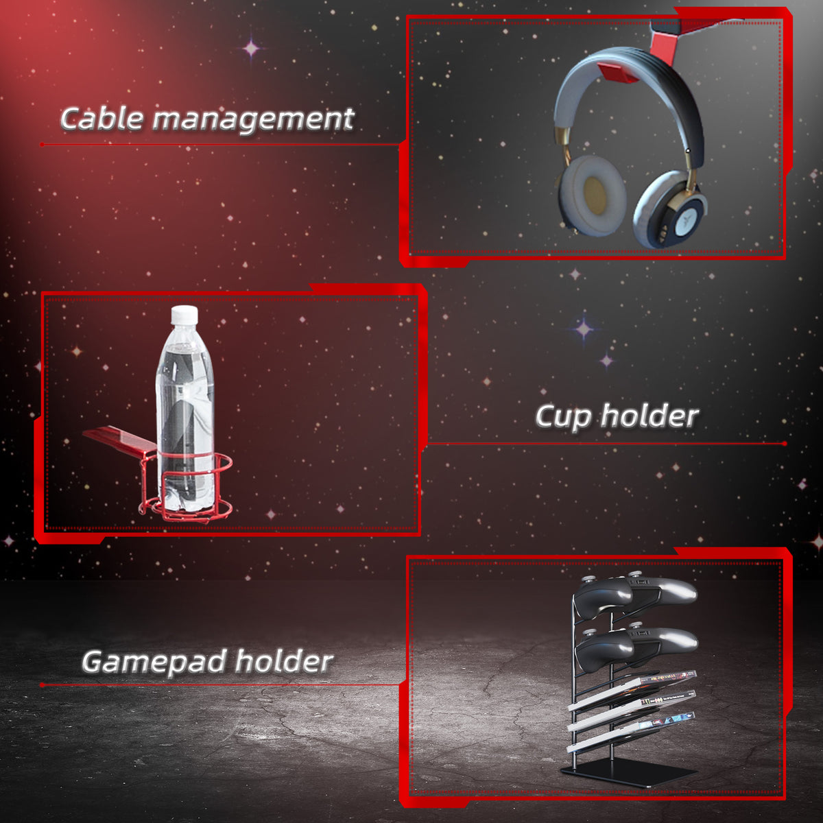 HOMCOM 142 x 66 cm Gaming Desk, Carbon Fibre Covered Computer Desk, Gamer Workstation with Headphone Hook, Cup Holder and Gamepad Storage Rack, Black and Red