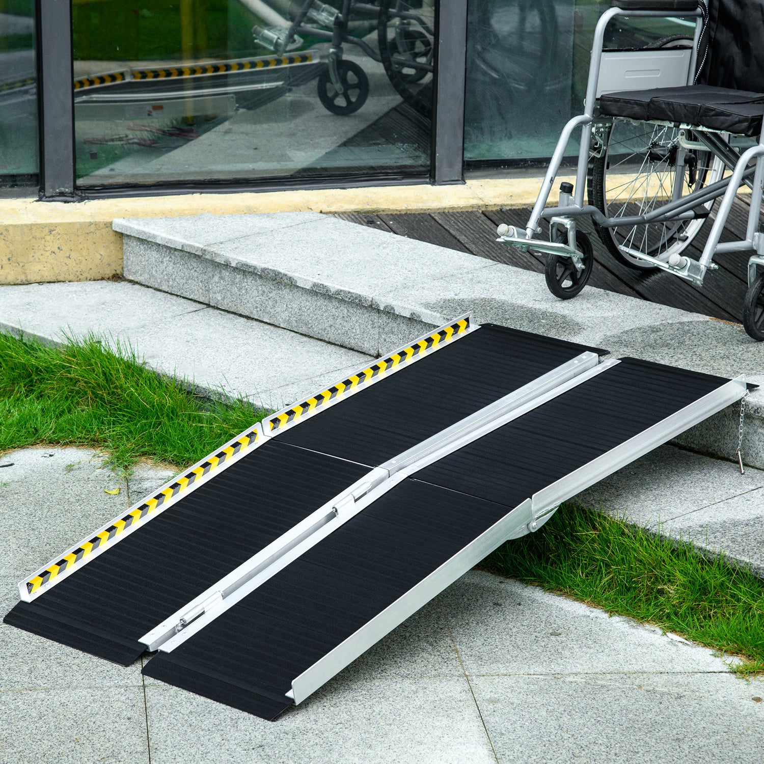 HOMCOM Wheelchair Ramp, 152L x 73Wcm, 272KG Capacity, Folding Aluminium Threshold Ramp with Non-Skid Surface, Transition Plates Above and Below for Home, Steps, Stairs, Curbs, Doorways - LiamsBargains.co.uk