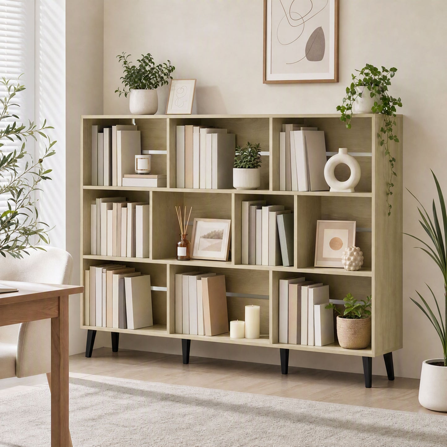 HOMCOM 10-Cube Bookcase, 3-Tier Book Shelf with Solid Wood Legs, 140 cm Modern Bookshelf with Anti-Tip Kit, Oak