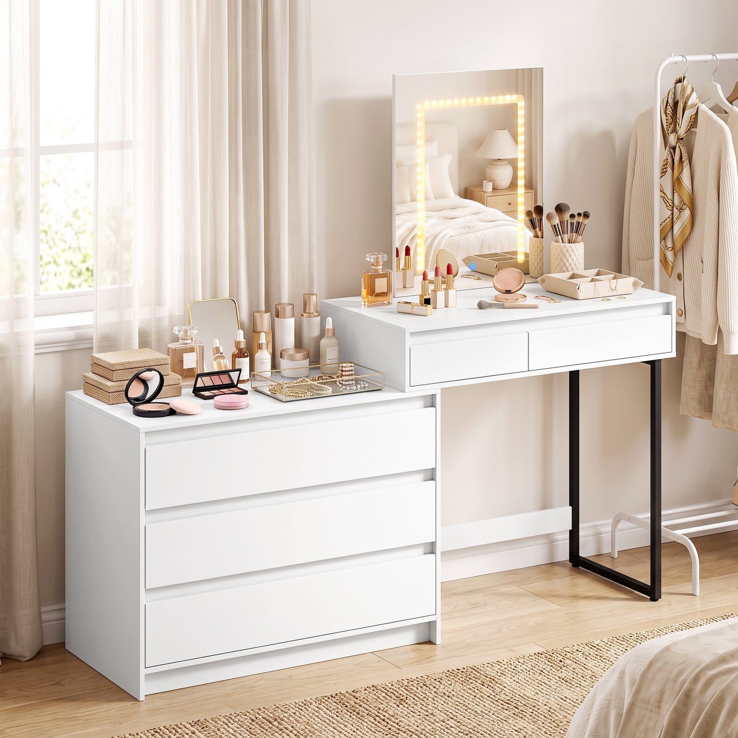 HOMCOM Vanity Makeup Desk LED Mirror Dressing Table Large Storage 5 Drawers White