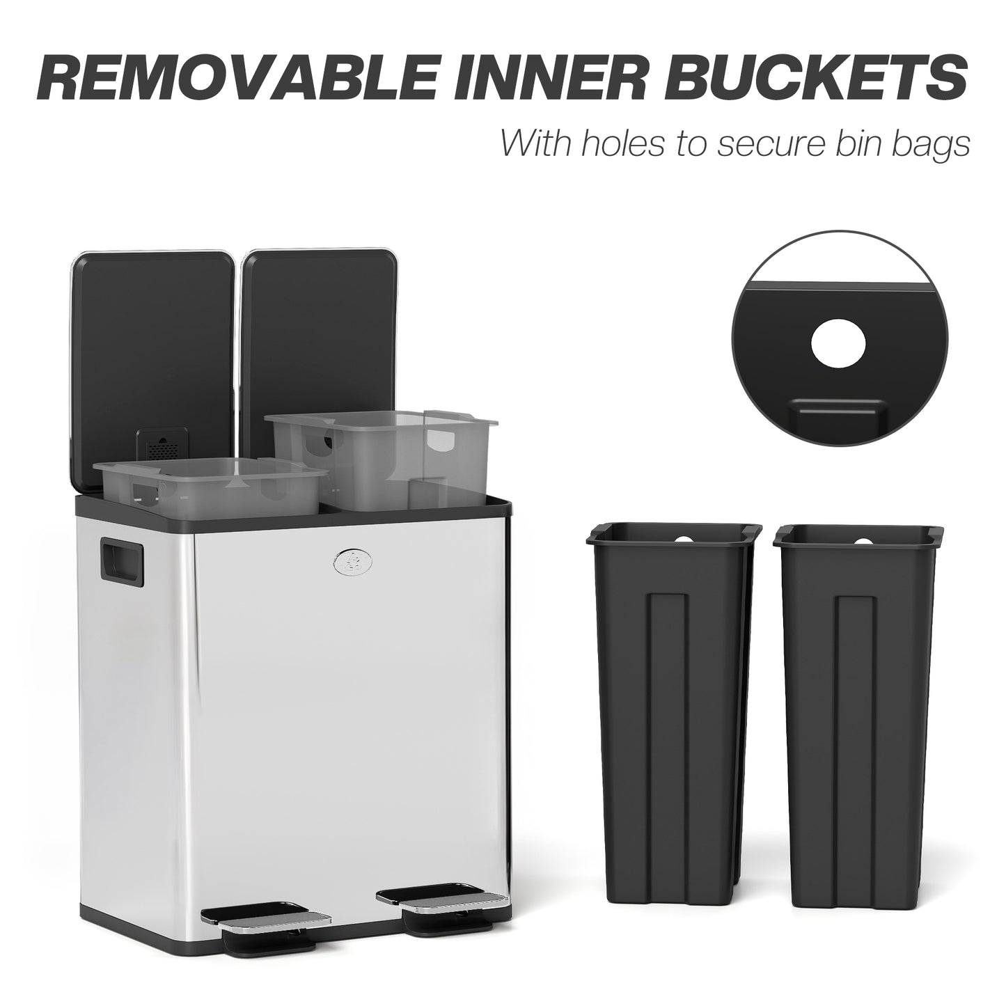 HOMCOM 40L Dual Compartment Stainless Steel Bin, with Deodoriser Holders - Silver Tone