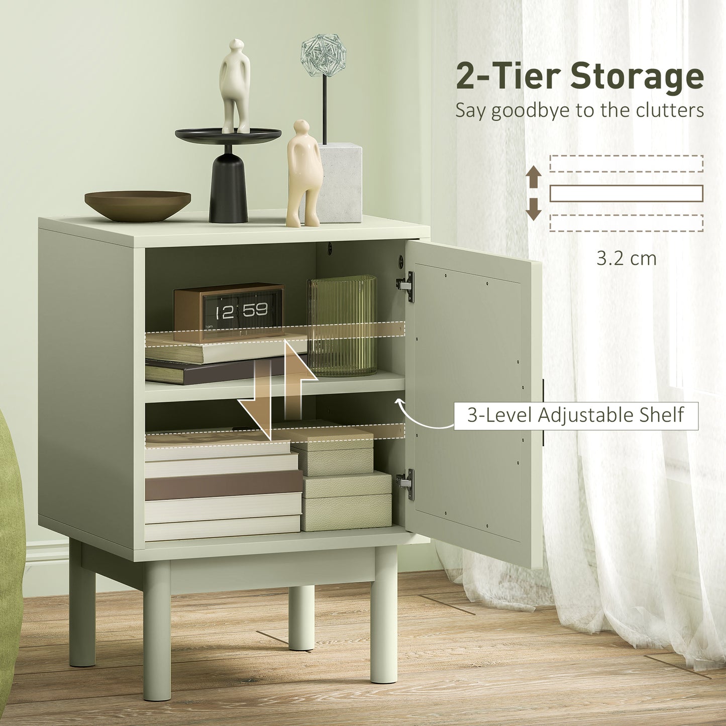 HOMCOM Rattan Bedside Table for Bedroom - Light Green