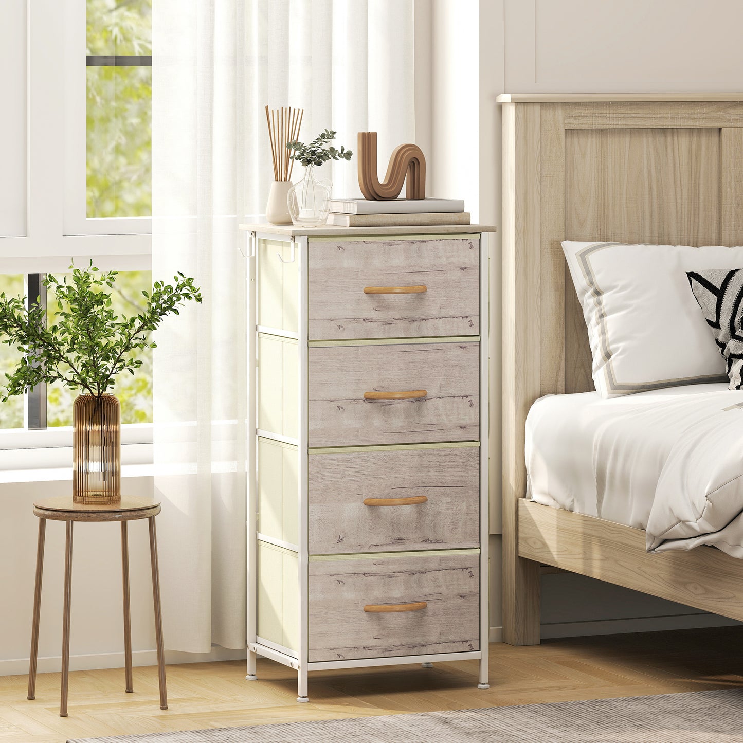 HOMCOM Chest of Four Fabric Drawers - Natural Wood Finish