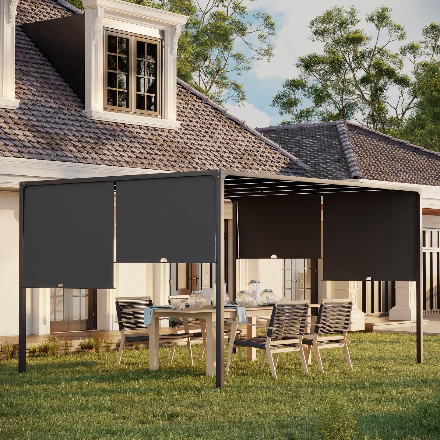 Outsunny 3(m) x 4m Metal Pergola with LED Lights, Outdoor Garden Pergola with Sliding Roof, Solar Powered, for BBQ,Â Lawn, Dark Grey