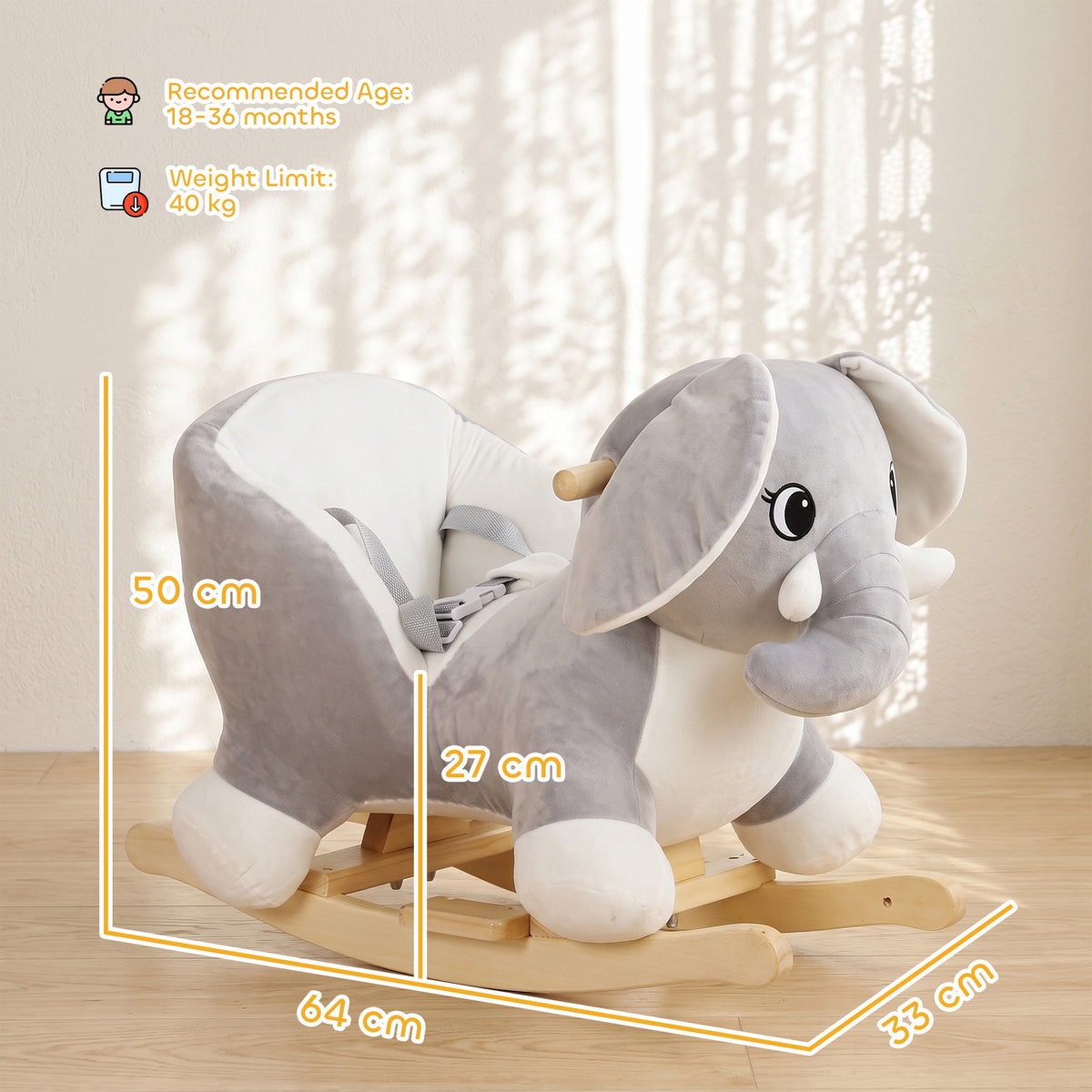 AIYAPLAY Elephant Rocking Horse, Plush Ride on Horse with Animal Sounds, Security Belt, Rocking Stopper for 18-36 Months, Grey