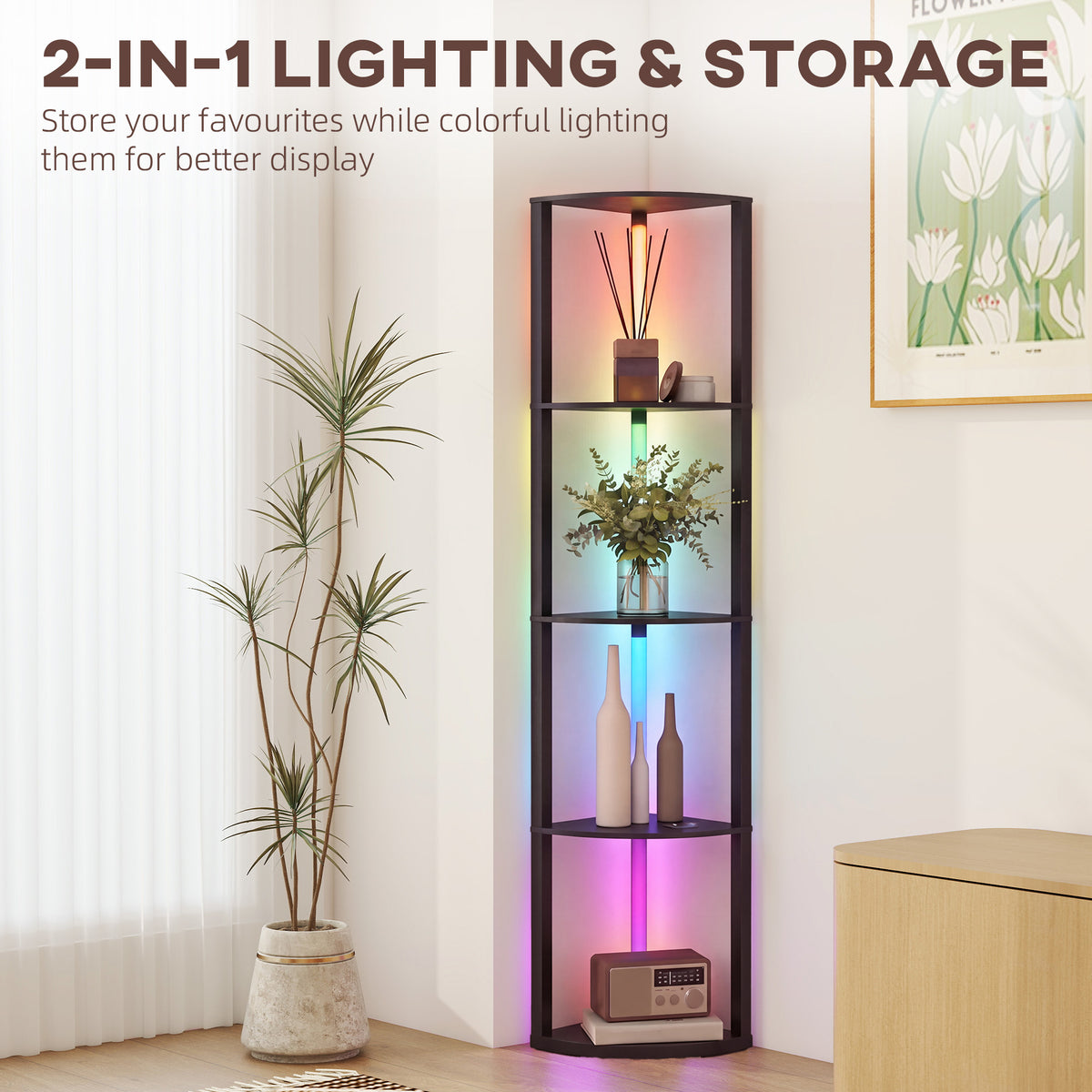 HOMCOM RGB LED Floor Lamp with Shelves, 4-Tier Dimmable Standing Lamp with Adjustable Brightness and Remote Control, Black