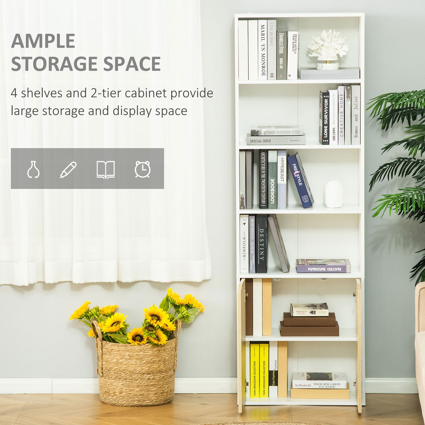 HOMCOM 6-Tier Tall Bookcase, Bookshelf with 4 Open Shelves and Double Door Storage Cabinet, Freestanding Display Rack for Living Room, Bedroom, Home Office, Study, 59 x 29 x 180cm, White and Oak