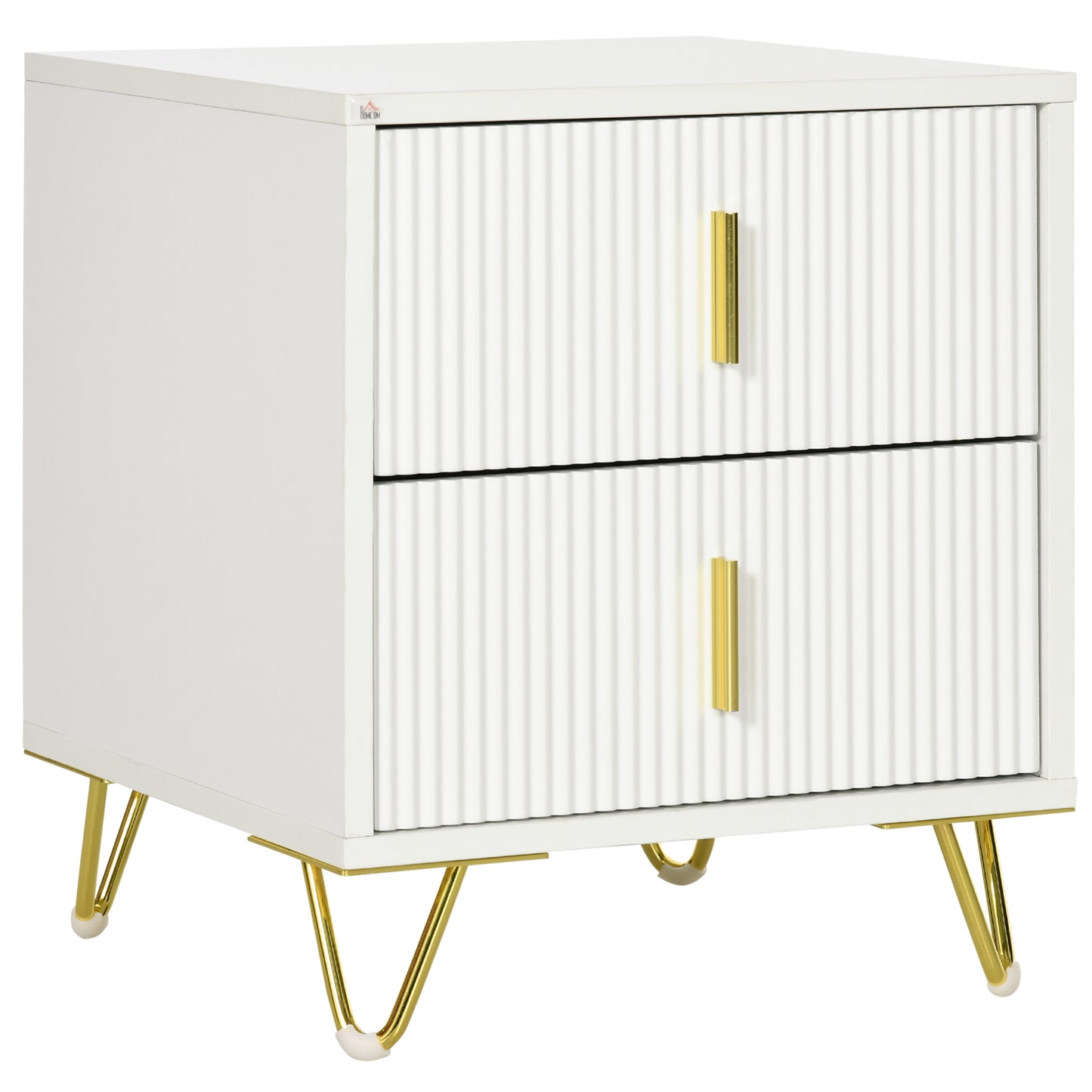 HOMCOM Elegant Fluted Bedside Table - White/Gold-Tone
