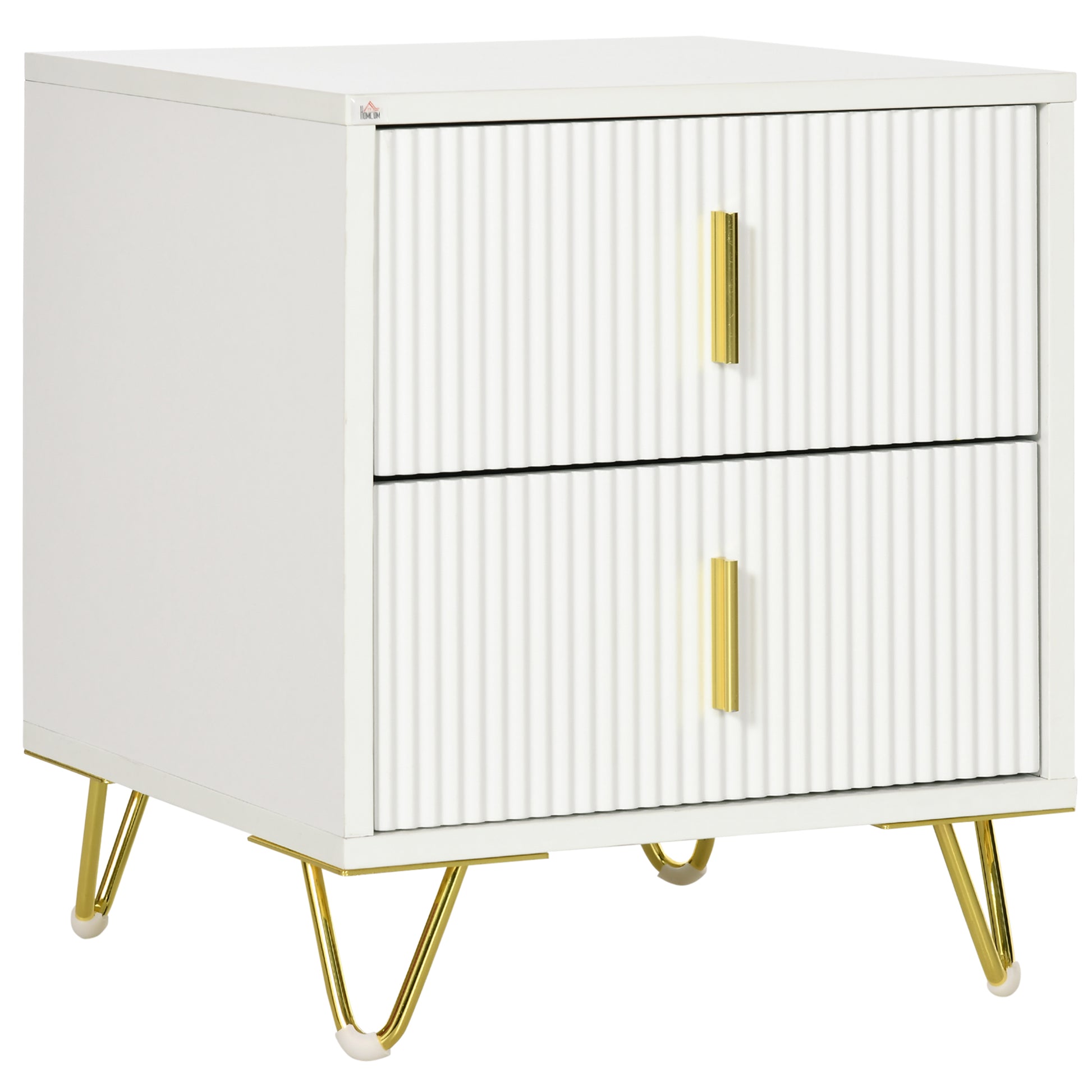 HOMCOM Elegant Fluted Bedside Table - White/Gold-Tone