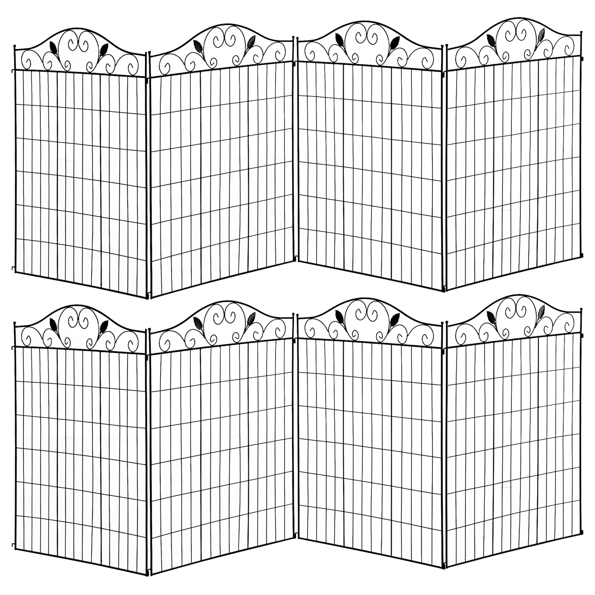Outsunny Set of 2 Decorative Garden Fence, 8 Panels Metal Picket Fence, Versatile Shapes for Patio Lawn, 365cm x 112cm, Black