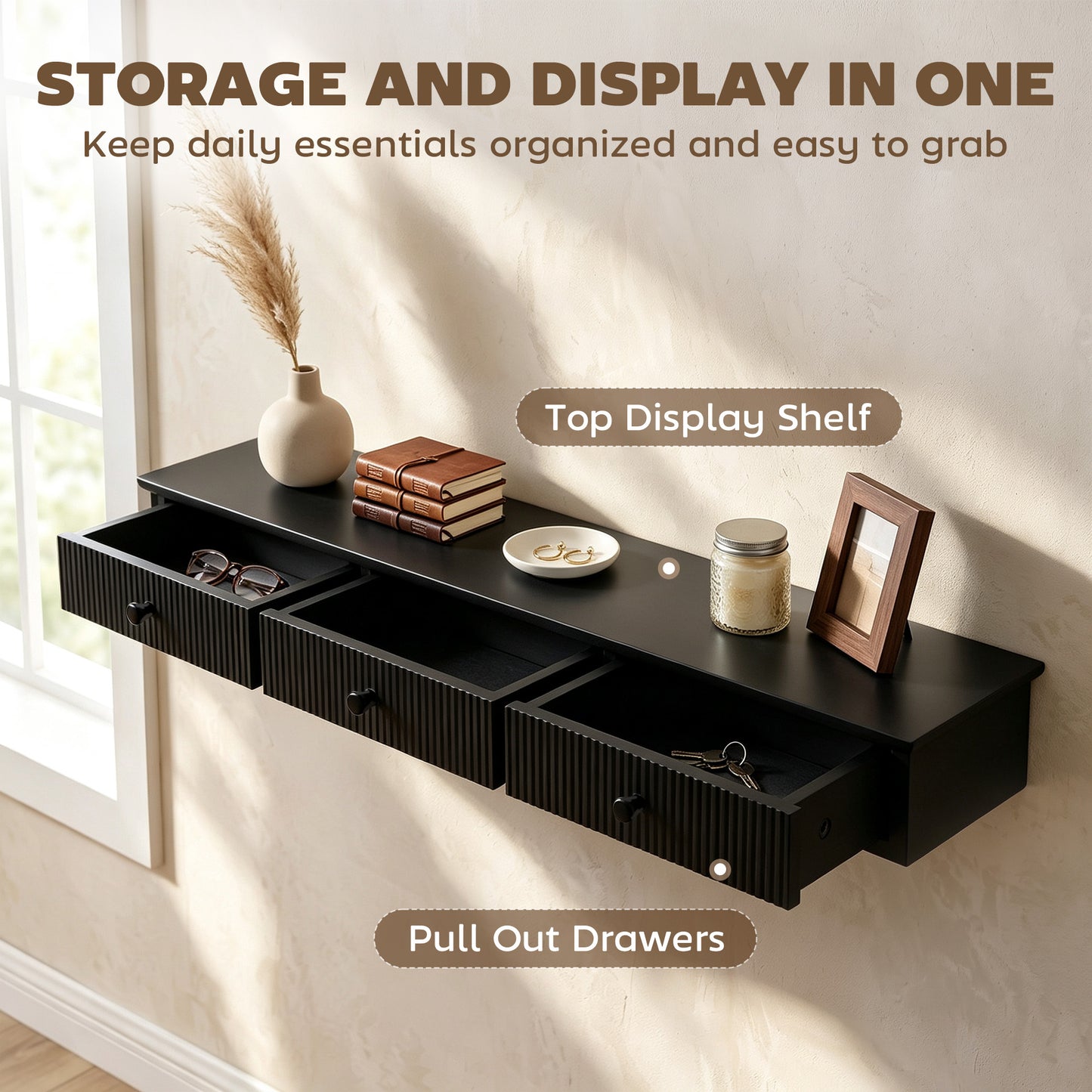 HOMCOM Shelf Wall-Mounted Storage Shelf Shelving Unit MDF 93 x 15 x 10 cm Entryway Kitchen Living Room, Black