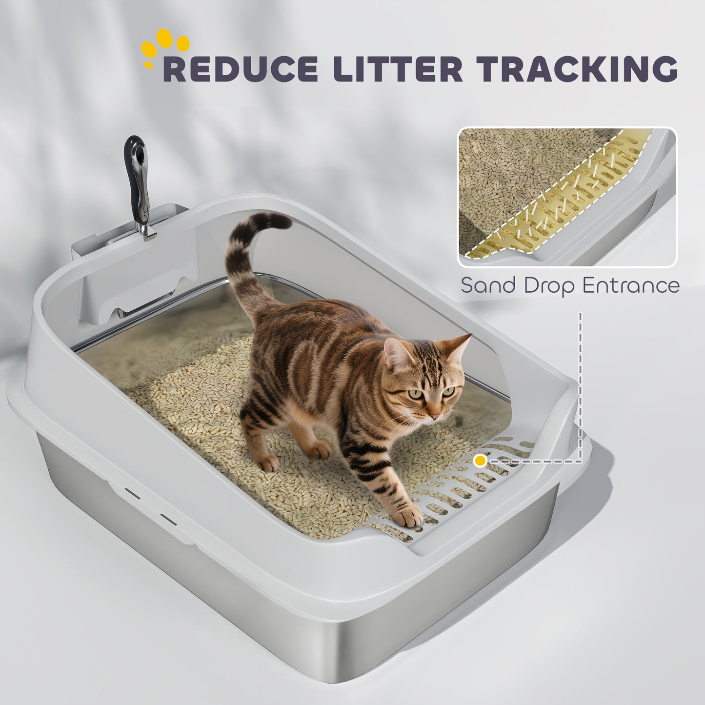 PawHut XL Stainless Steel Cat Litter Box with High Sides, Metal Scoop, 60 x 40 x 30 cm