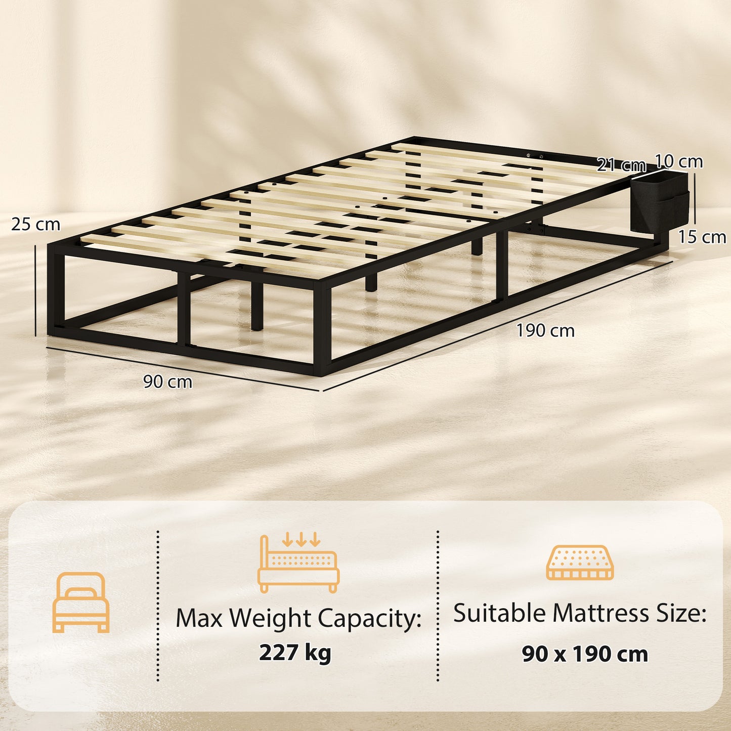 HOMCOM 12 Slats Metal Platform Bed Frame, 3ft Single Bed Frame with Storage Bag and Anti-Slip Pads, Black