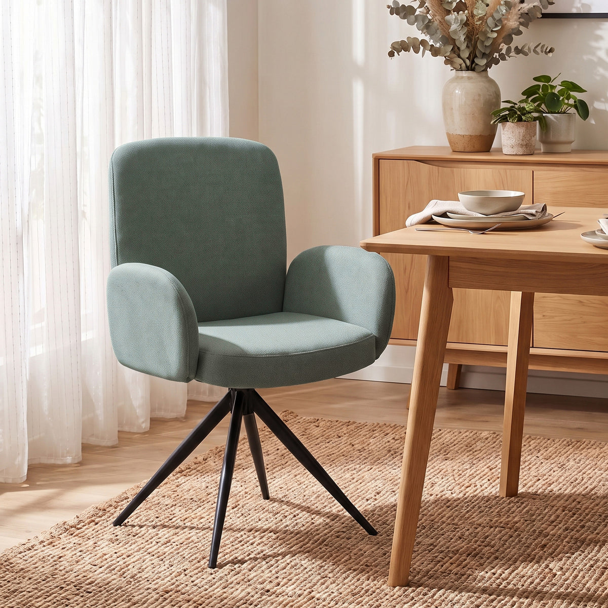 HOMCOM Swivel Accent Chair, Upholstered Linen-Look Armchair with Curved Backrest, Wrapped Armrests for Living Room, Light Green