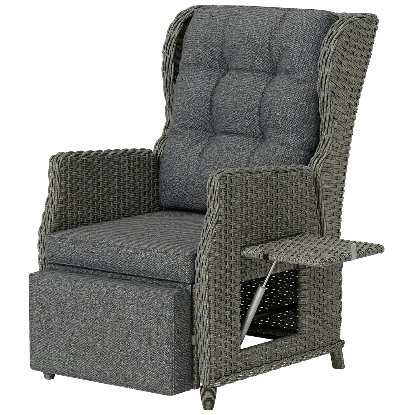 Outsunny Rattan Garden Recliner Chair, Reclining Garden Chair with Adjustable Back and Footrest, Flip Table, Cushion, Dark Grey Default Title
