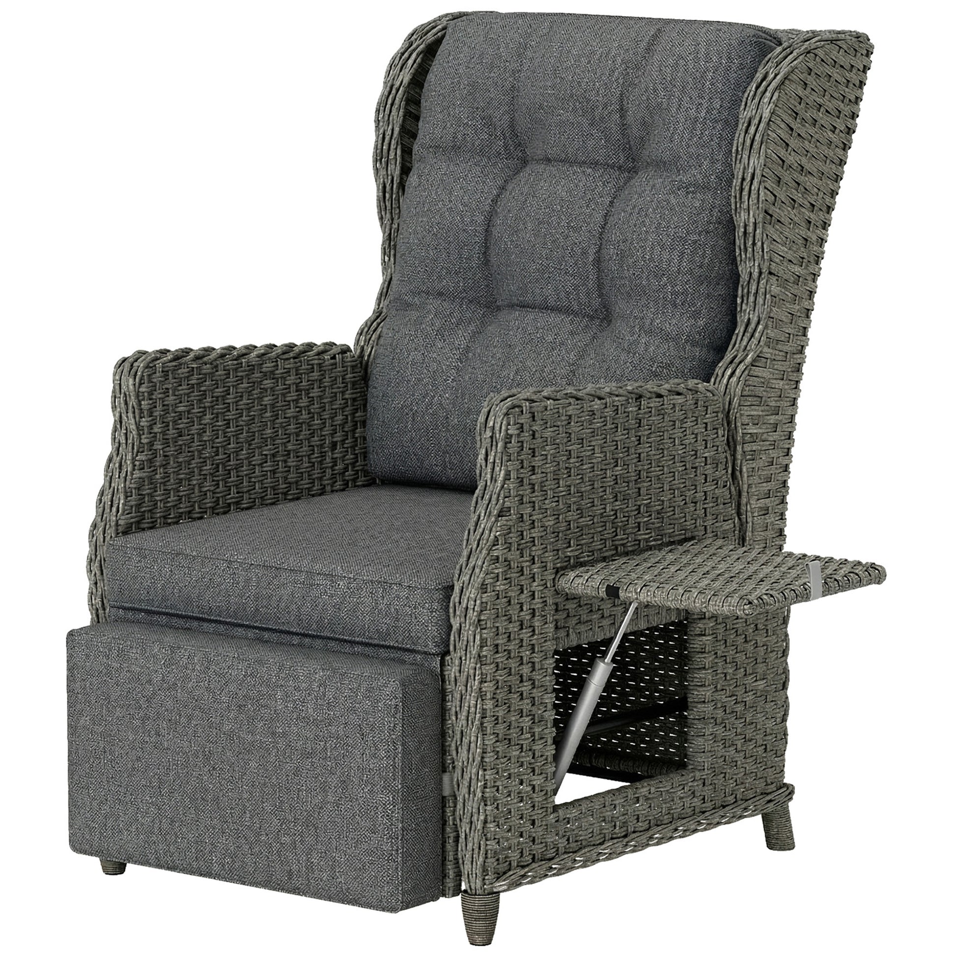 Outsunny Rattan Garden Recliner Chair, Reclining Garden Chair with Adjustable Back and Footrest, Flip Table, Cushion, Dark Grey Default Title