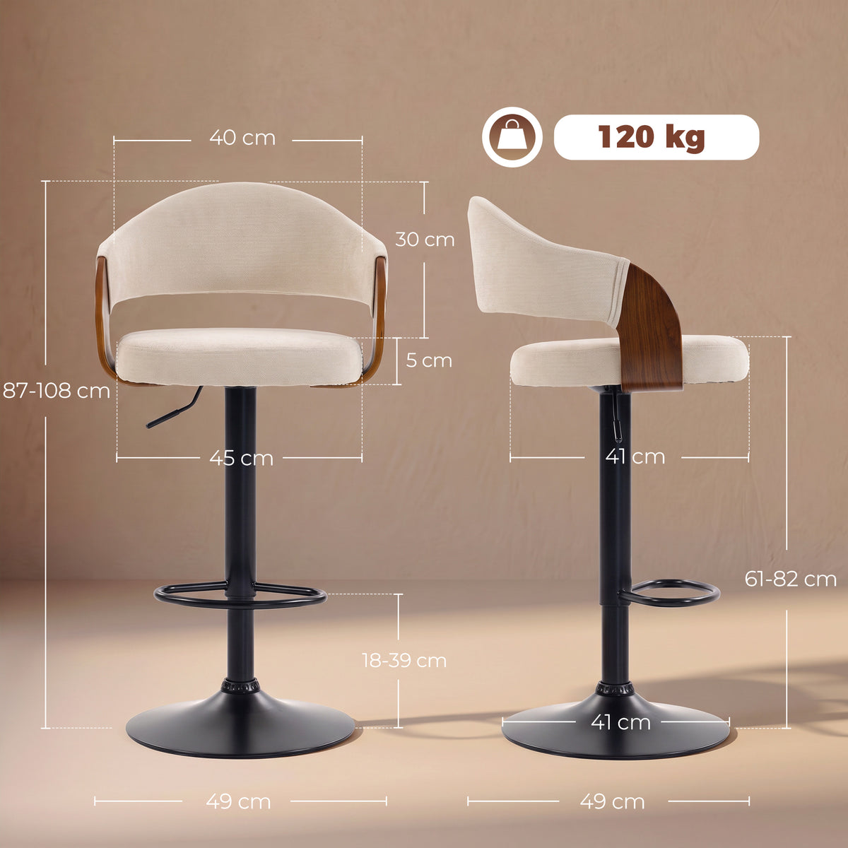 HOMCOM Bar Stools Set of 2 Height Adjustable Bar Chairs Swivel Backrest Footrest Faux Linen Beige
