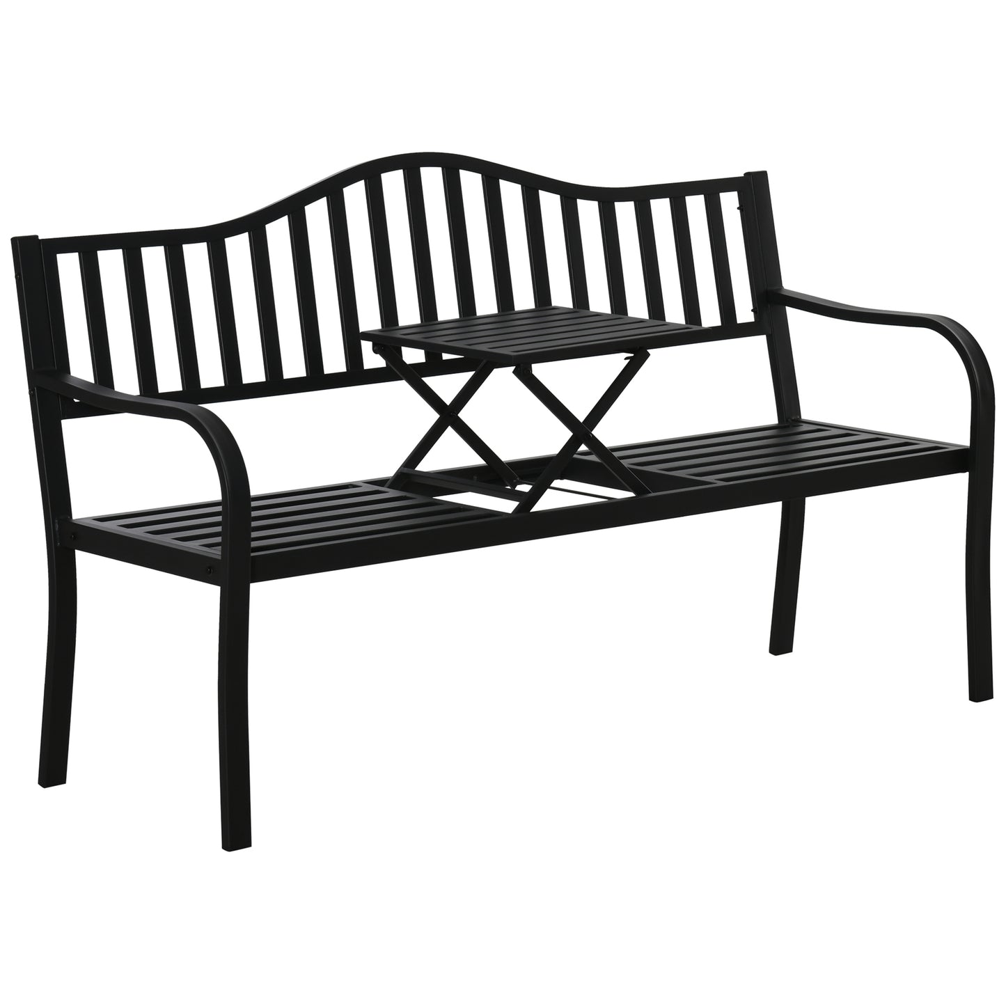 Outsunny Metal Outdoor Bench with Liftable Middle Table, Patio Loveseat, Garden Bench for Garden, Porch, Seats 2â€“3 People, Black Default Title