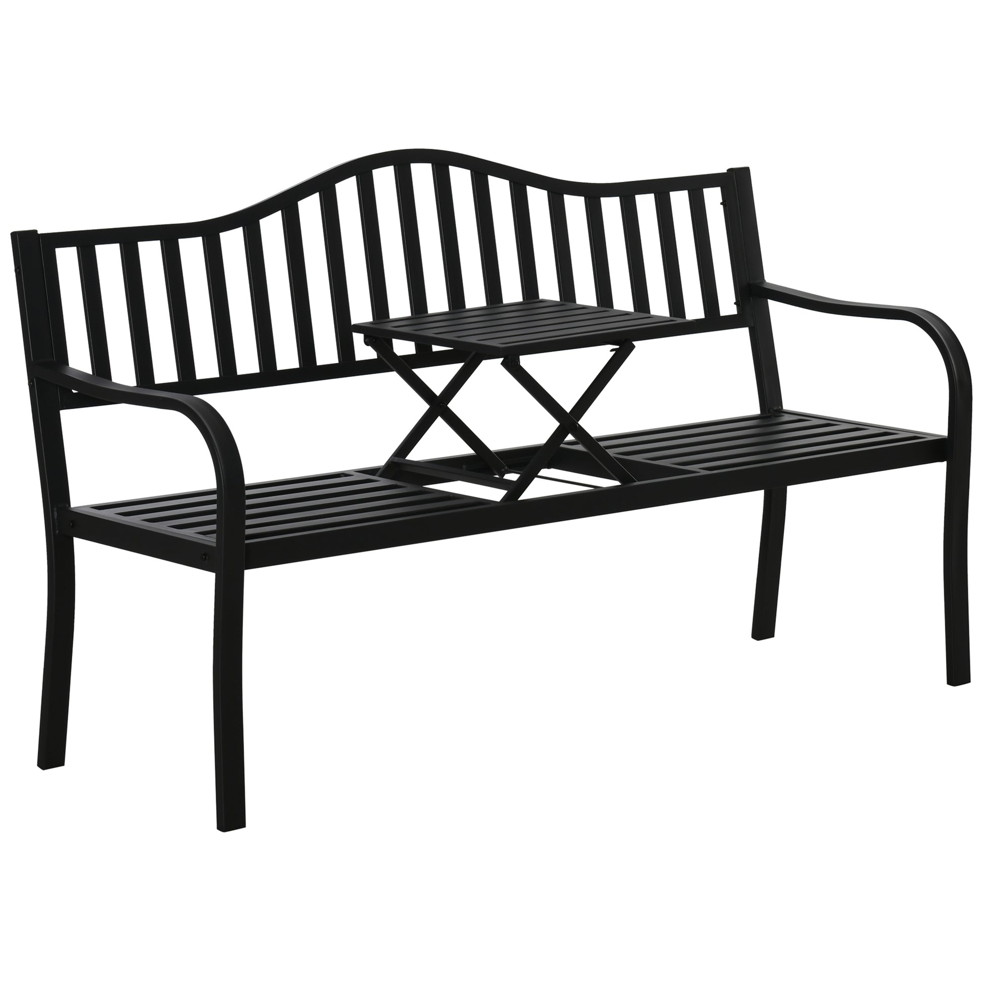 Outsunny Metal Outdoor Bench with Liftable Middle Table, Patio Loveseat, Garden Bench for Garden, Porch, Seats 2â€“3 People, Black Default Title