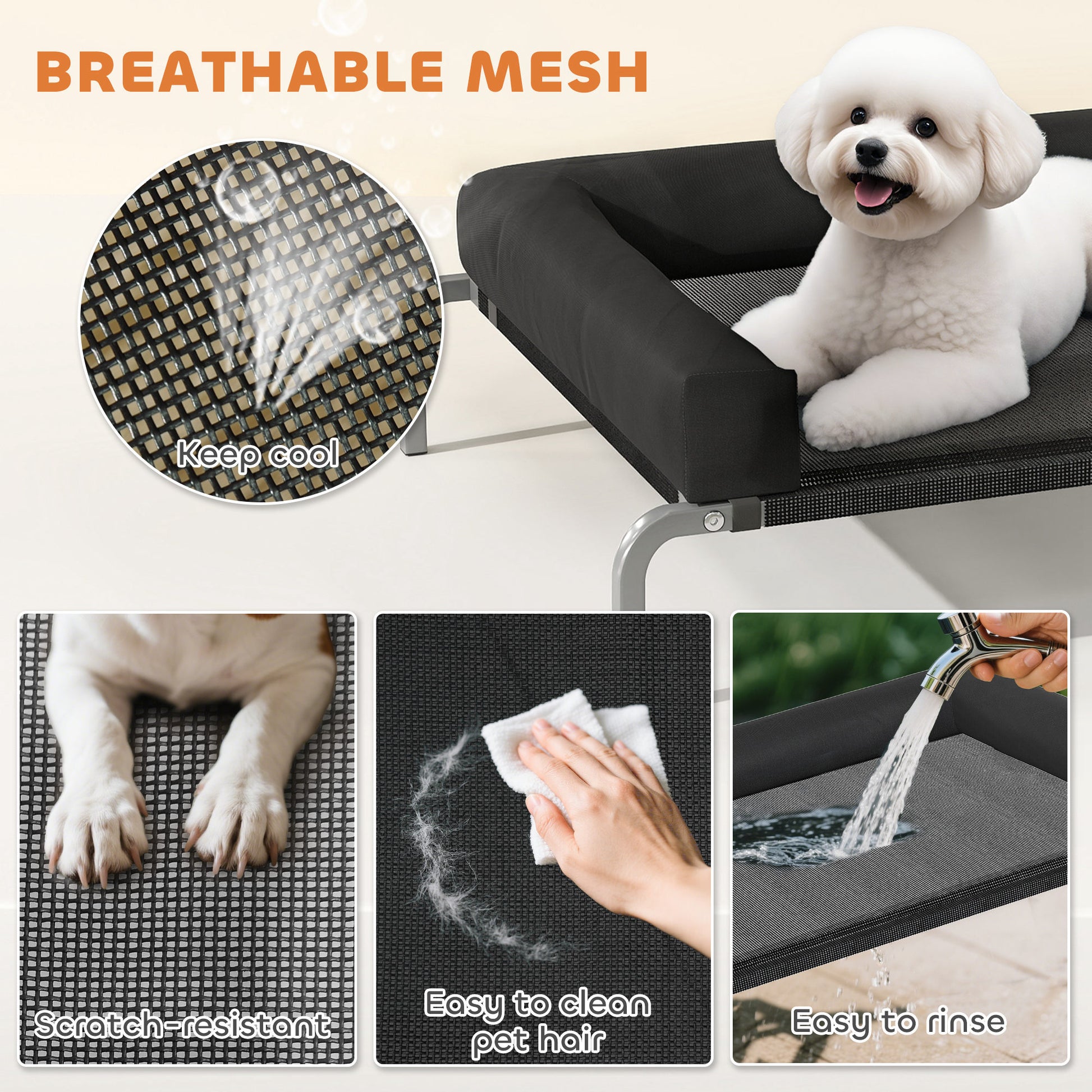  enabling your pet to relax more fully.</li><li>Easy-clean dog cot: The water-resistant Texteline mesh surface repels hair and is easy to clean with a wipe or hose