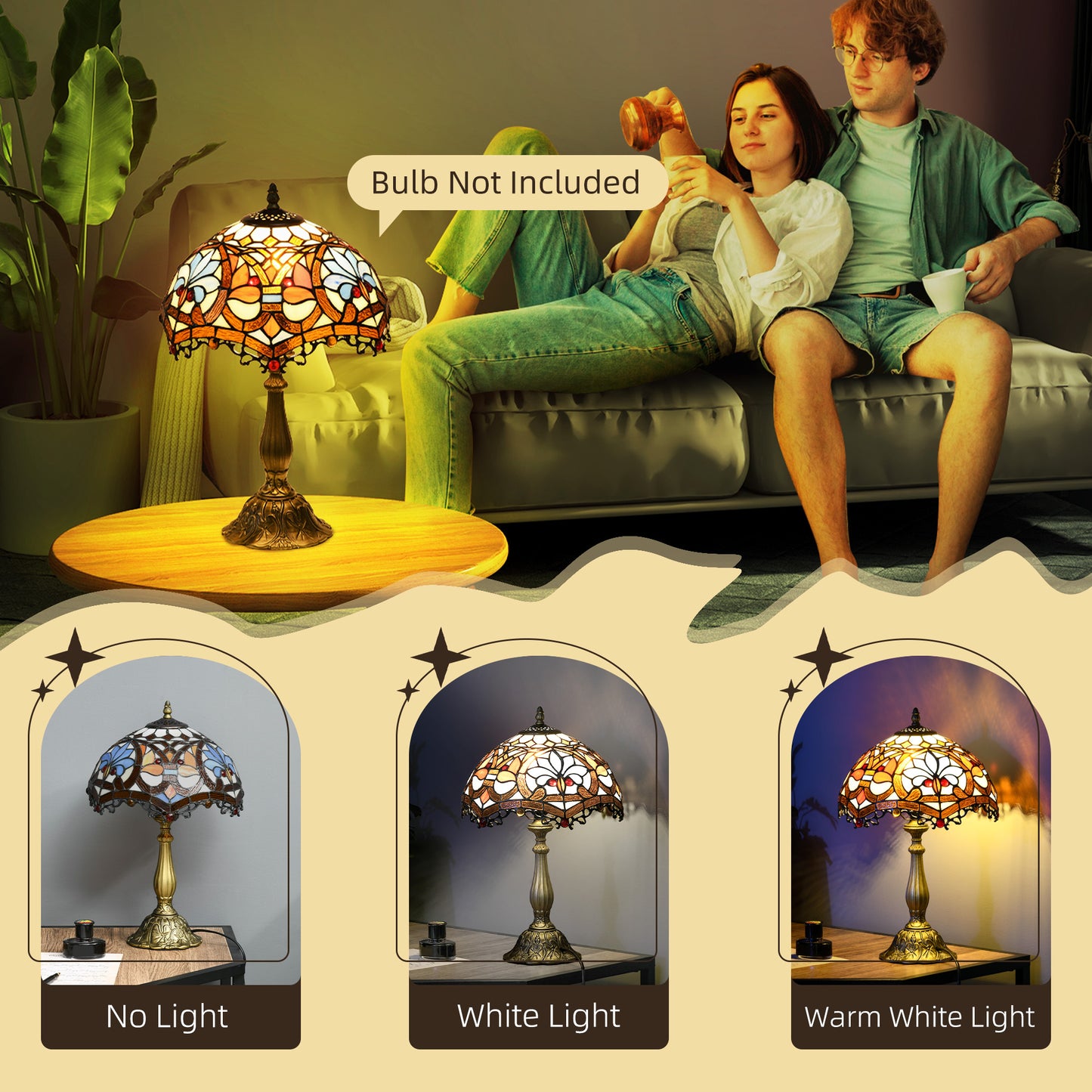 HOMCOM Stained Glass Table Lamp, Handcrafted Artisan Collectible, Suitable for Living Room and Bedside, Multi-Coloured, Ð¤30 x 48Hcm, Zinc Alloy.