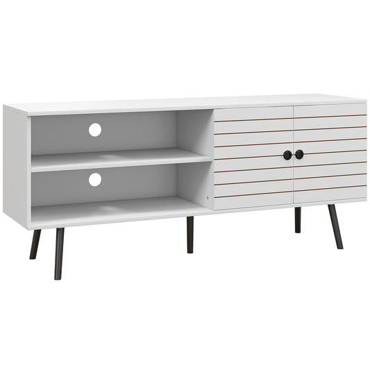 HOMCOM TV Stand with Cupboard, Open Shelves, Striped Doors, Wooden legs, White