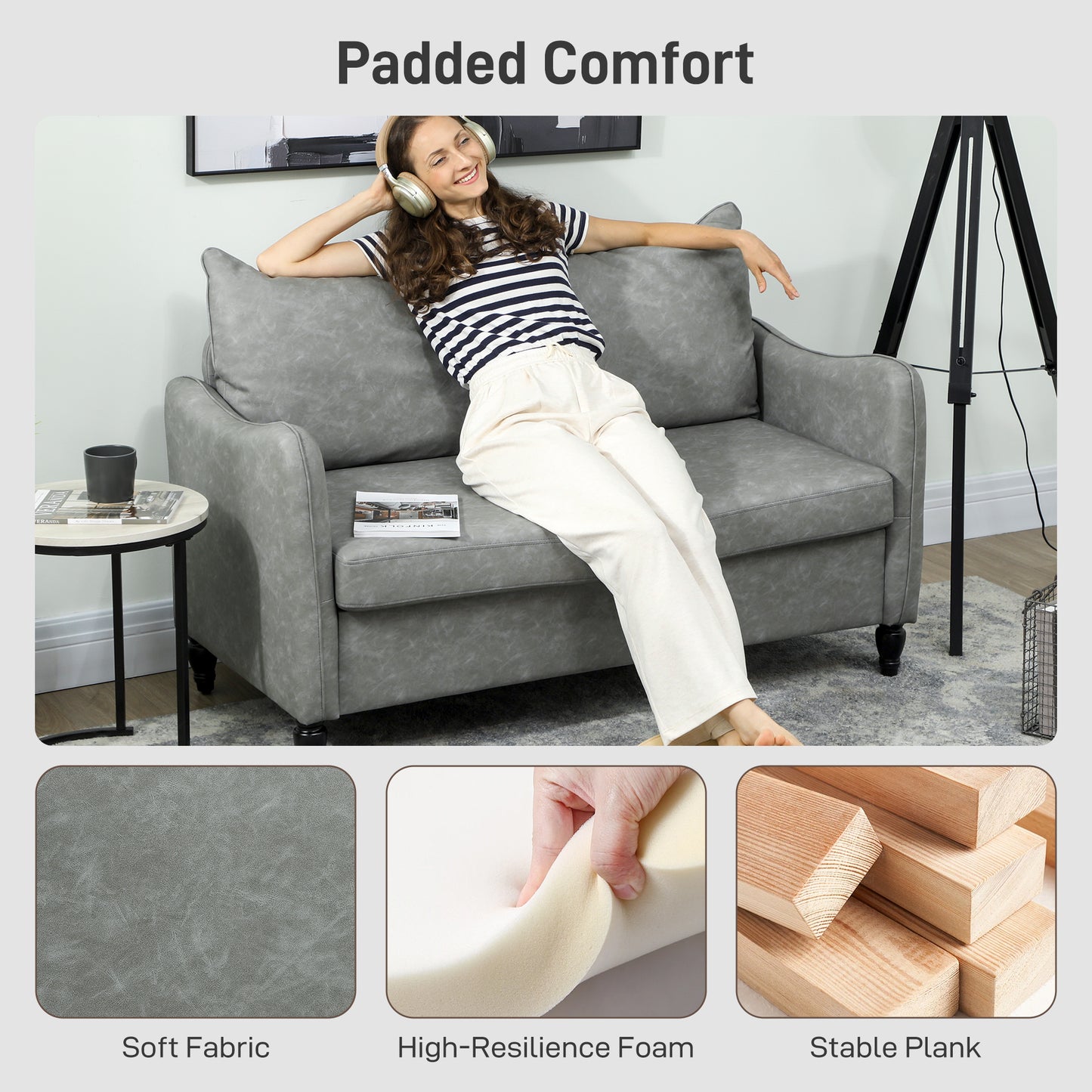 HOMCOM Faux Leather Marble-Effect Two-Seater Sofa - Grey