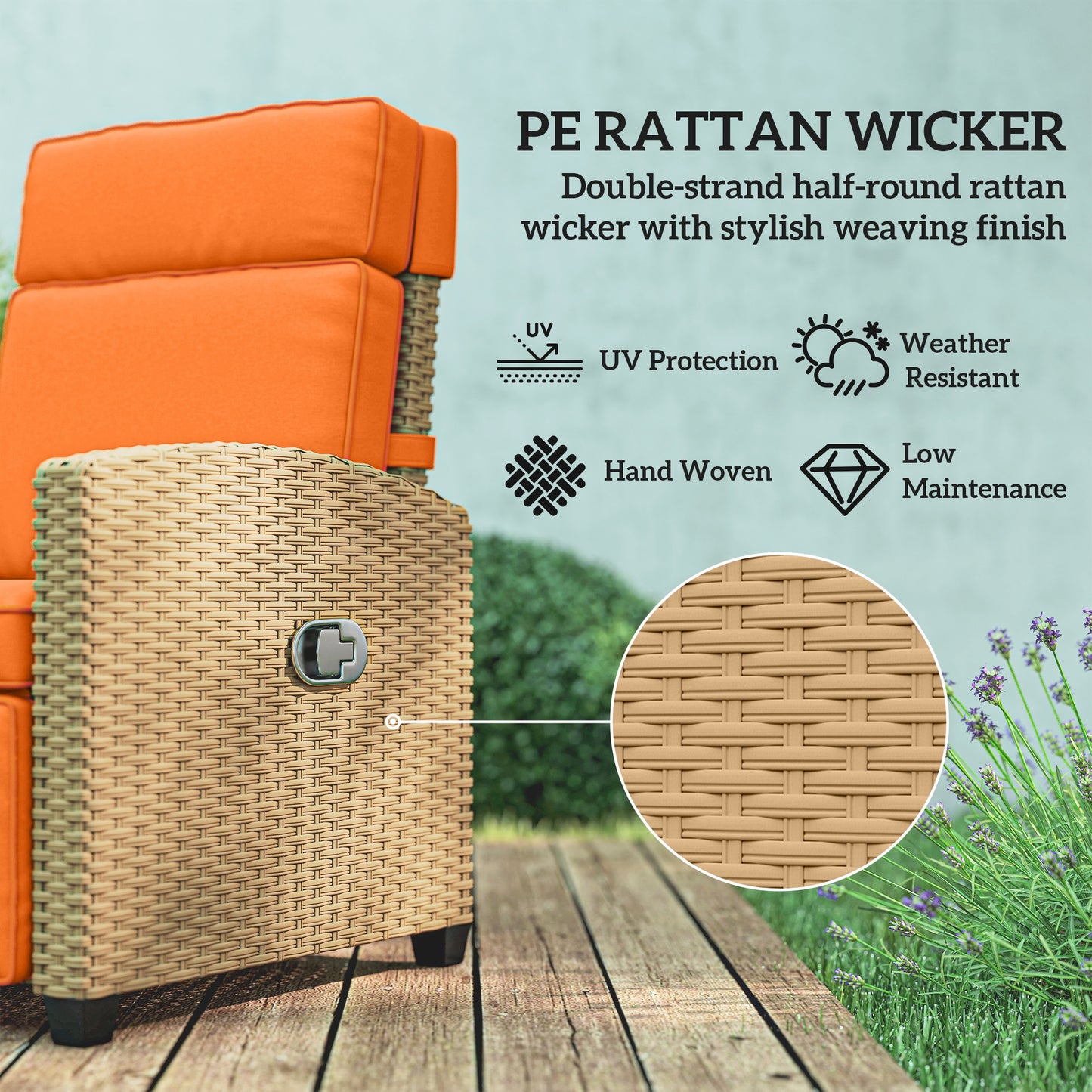 Outsunny 145Â° Reclining Rattan Armchair, with Footrest - Khaki/Orange