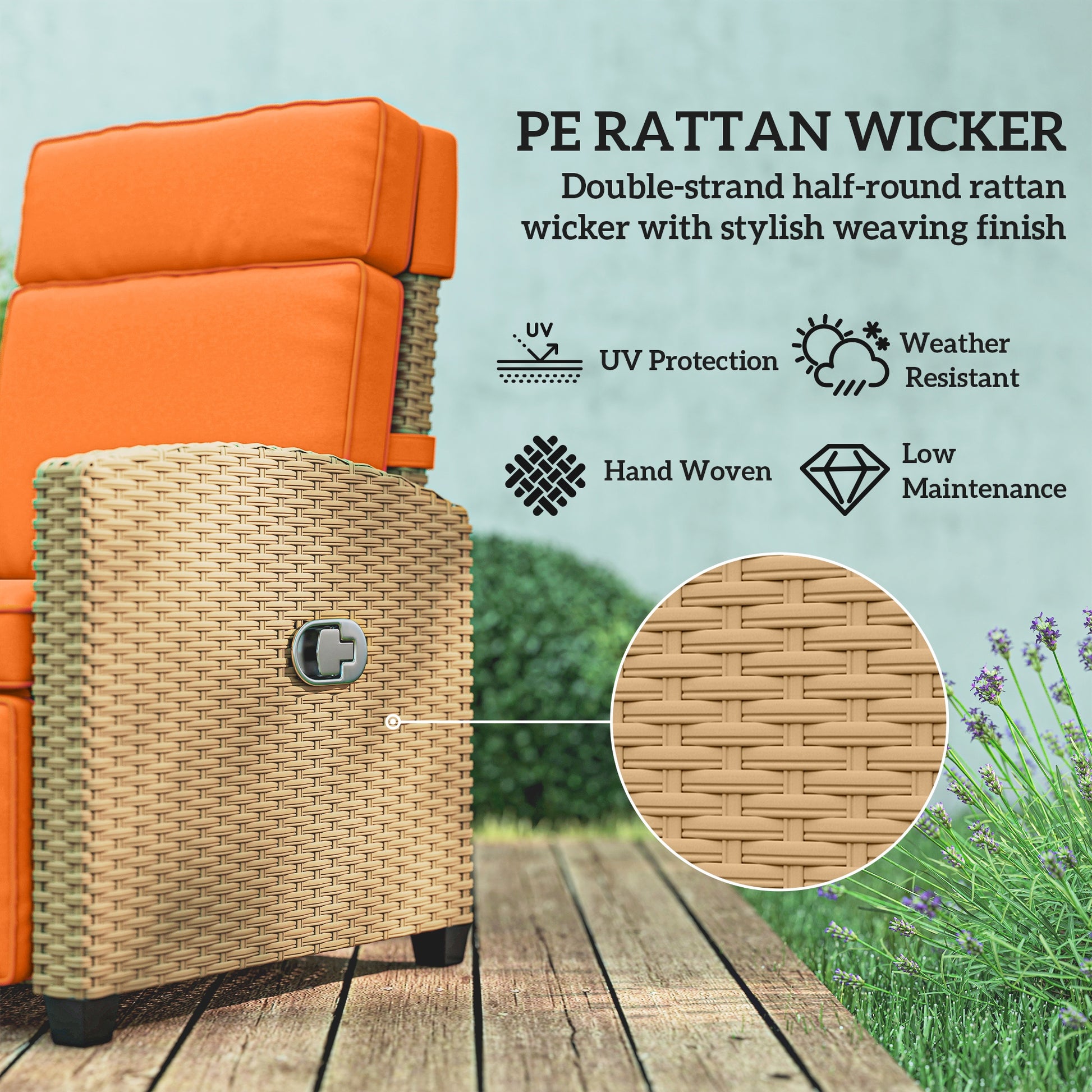 Outsunny 145Â° Reclining Rattan Armchair, with Footrest - Khaki/Orange