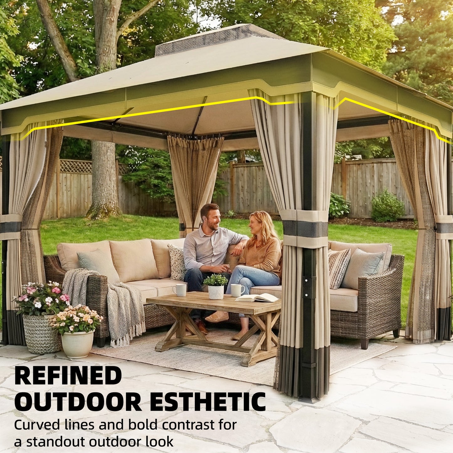 Outsunny 3 x 3.6 m Outdoor Garden Gazebo with Netting and Curtains, DoubleÂ Roof Patio Gazebo Permanent Pavilion, Khaki
