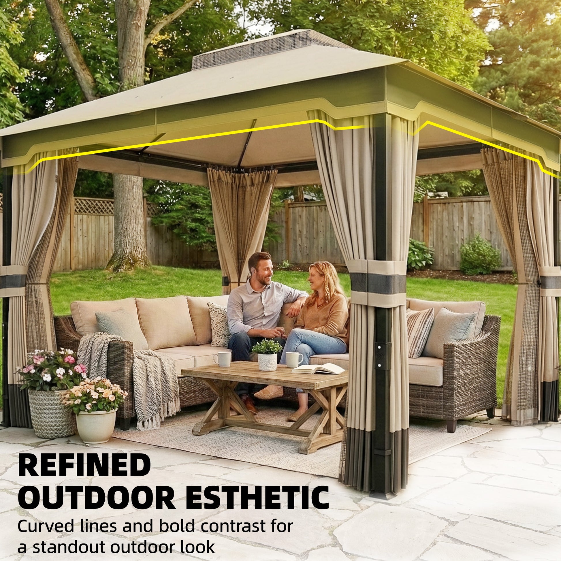 Outsunny 3 x 3.6 m Outdoor Garden Gazebo with Netting and Curtains, DoubleÂ Roof Patio Gazebo Permanent Pavilion, Khaki
