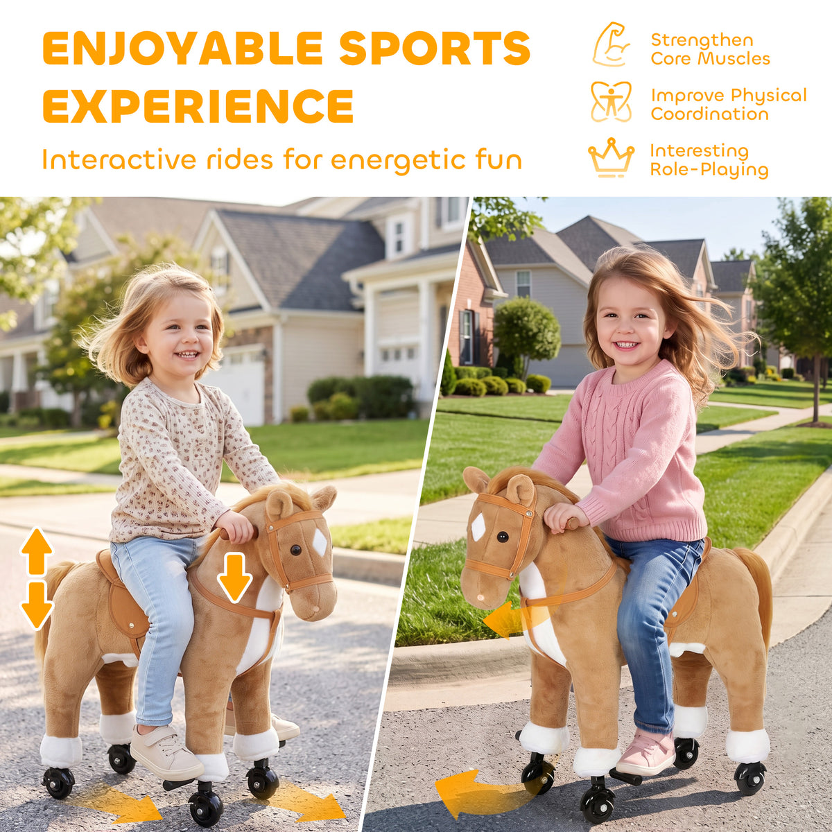 AIYAPLAY Rocking Horse, Plush Ride On Horse with Hoof Sounds, Music, Rolling Wheels and Pedal for 3-7 Years, Up to 50kg, Brown