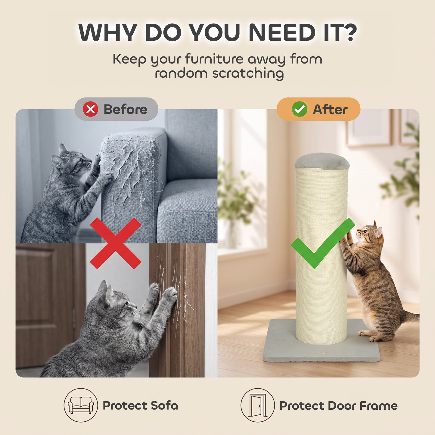 PawHut Cat Scratching Post, 76cm Tall Scratch Post for Indoor Kittens, Cat Scratcher with Stable Base