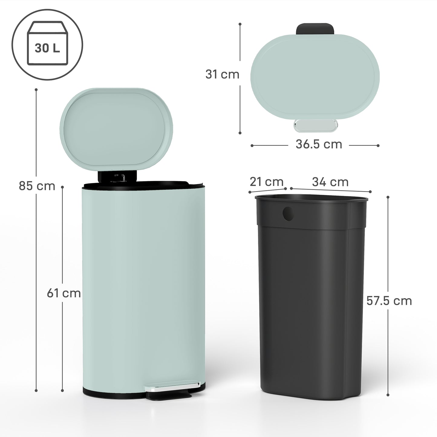 HOMCOM 30 L Modern Curved Kitchen Bin - Green