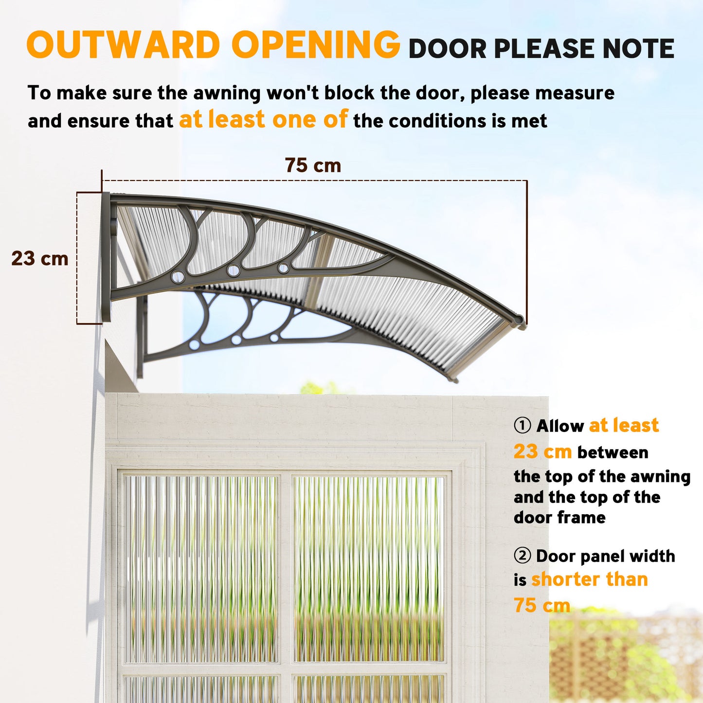 Outsunny Front Door Canopy Outdoor Awning Aluminium Rigid Plastic Polycarbonate Rain Shelter UV Water Rain Resistant 100 x 75cm Clear